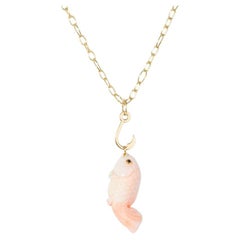 Used  Hand-Carved Coral Fish Pendant on 18K Yellow Gold Hook