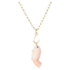 Hand-Carved Coral Fish Pendant on 18K Yellow Gold Hook