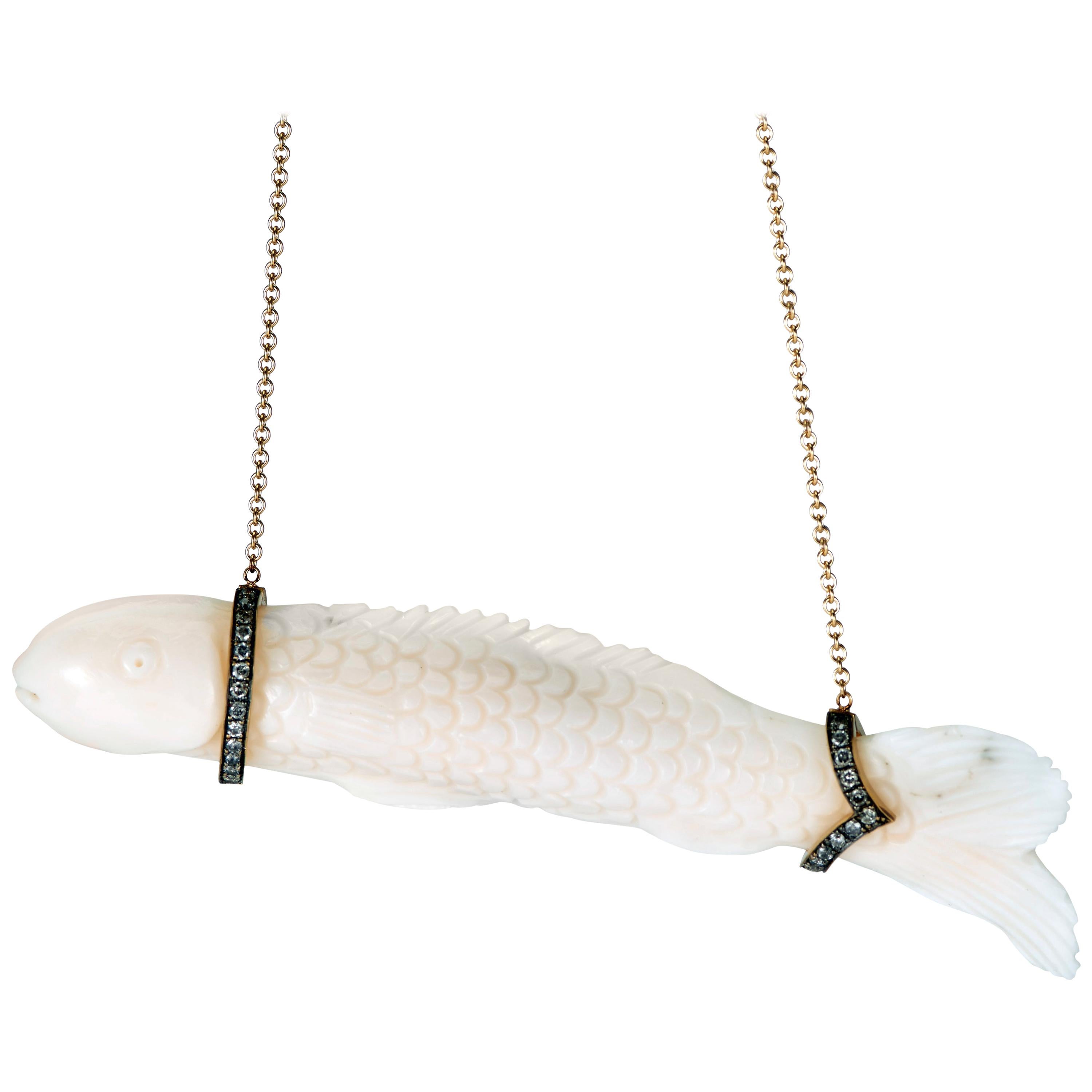 Hand Carved Coral Fish Pendant with Chain Necklace For Sale