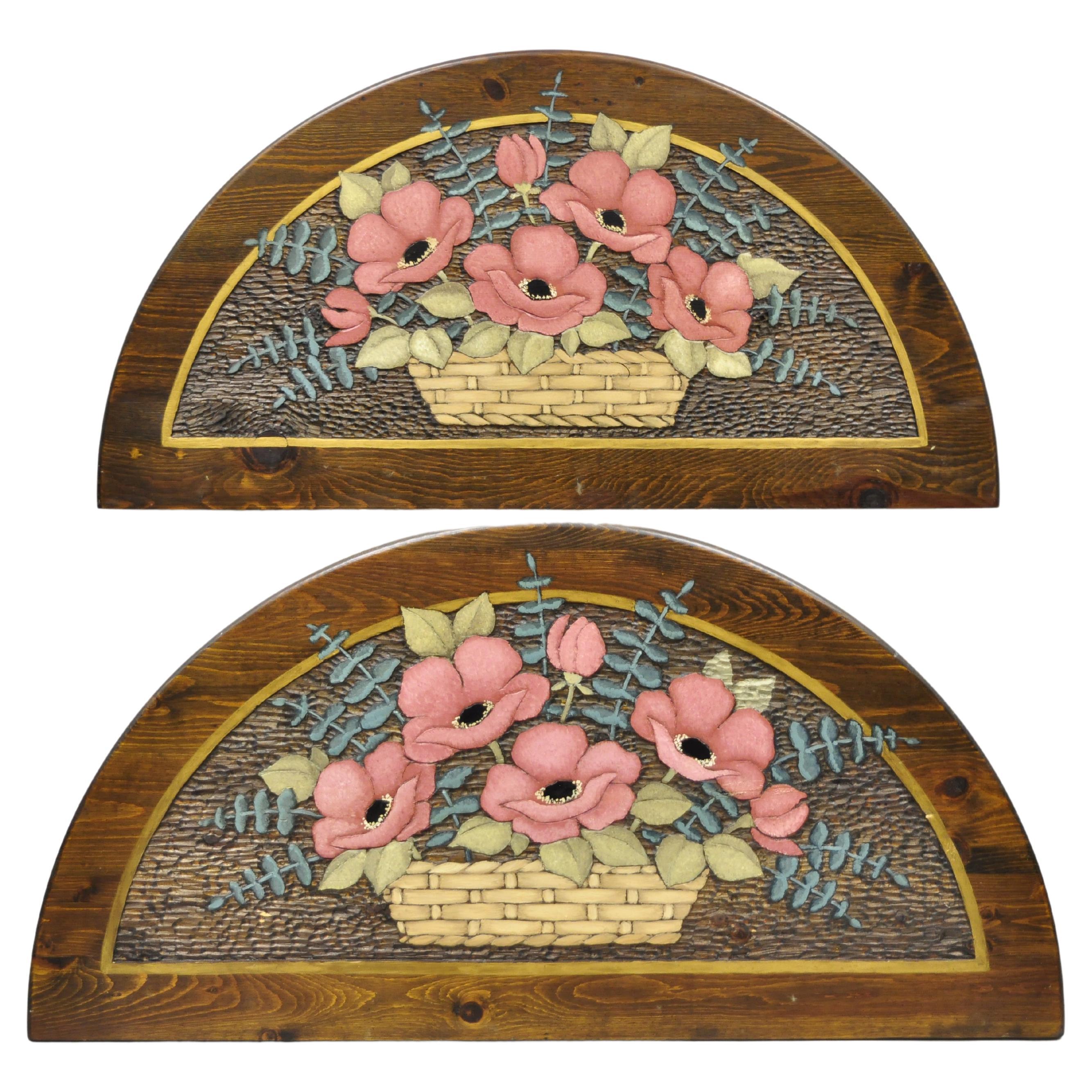 Hand Carved Country French Pine Flower Bouquet Wall Art Panel Plaque, a Pair
