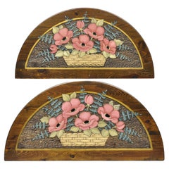 Retro Hand Carved Country French Pine Flower Bouquet Wall Art Panel Plaque, a Pair