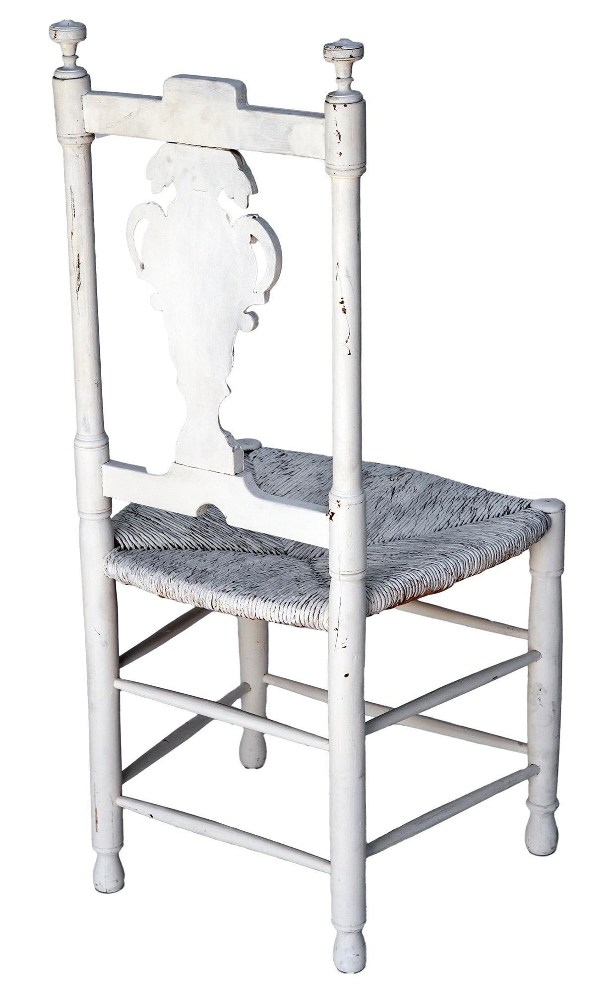 Hand-Crafted Hand carved Country French White Chair/Rush Seat For Sale