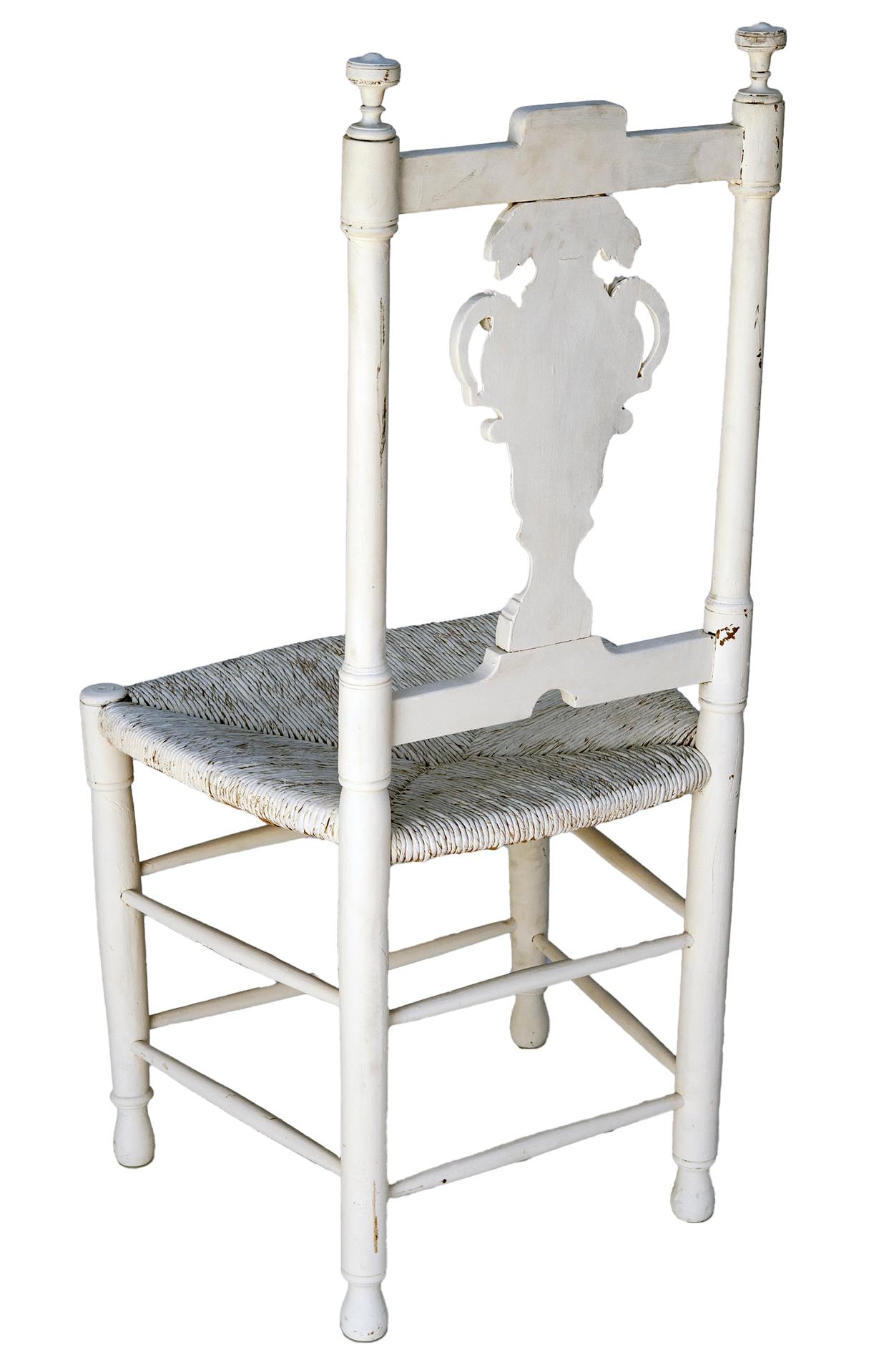 Hand carved Country French White Chair/Rush Seat In Good Condition For Sale In Malibu, CA