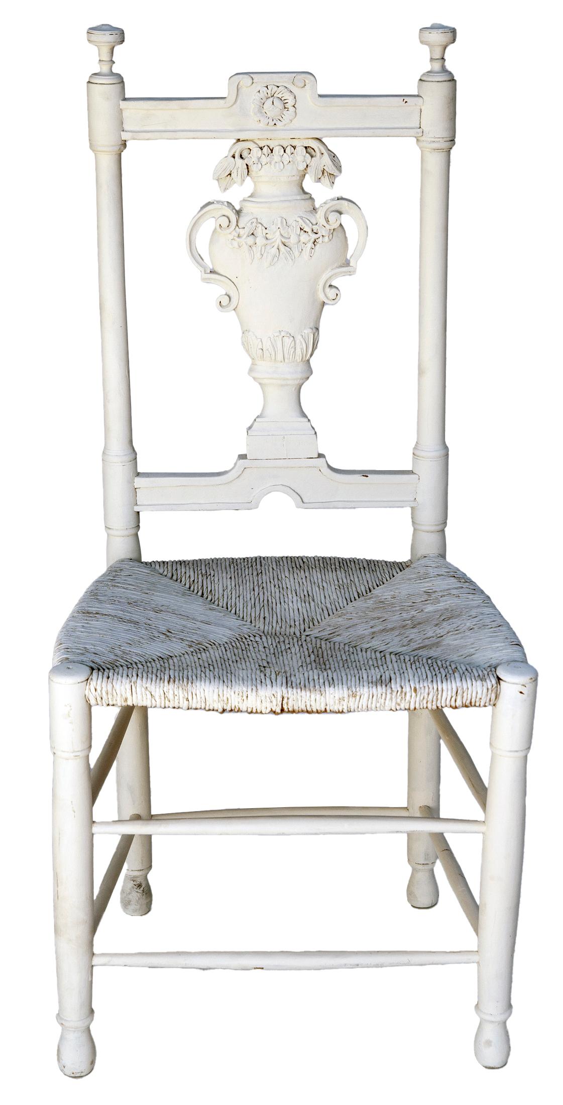 19th Century Hand carved Country French White Chair/Rush Seat For Sale