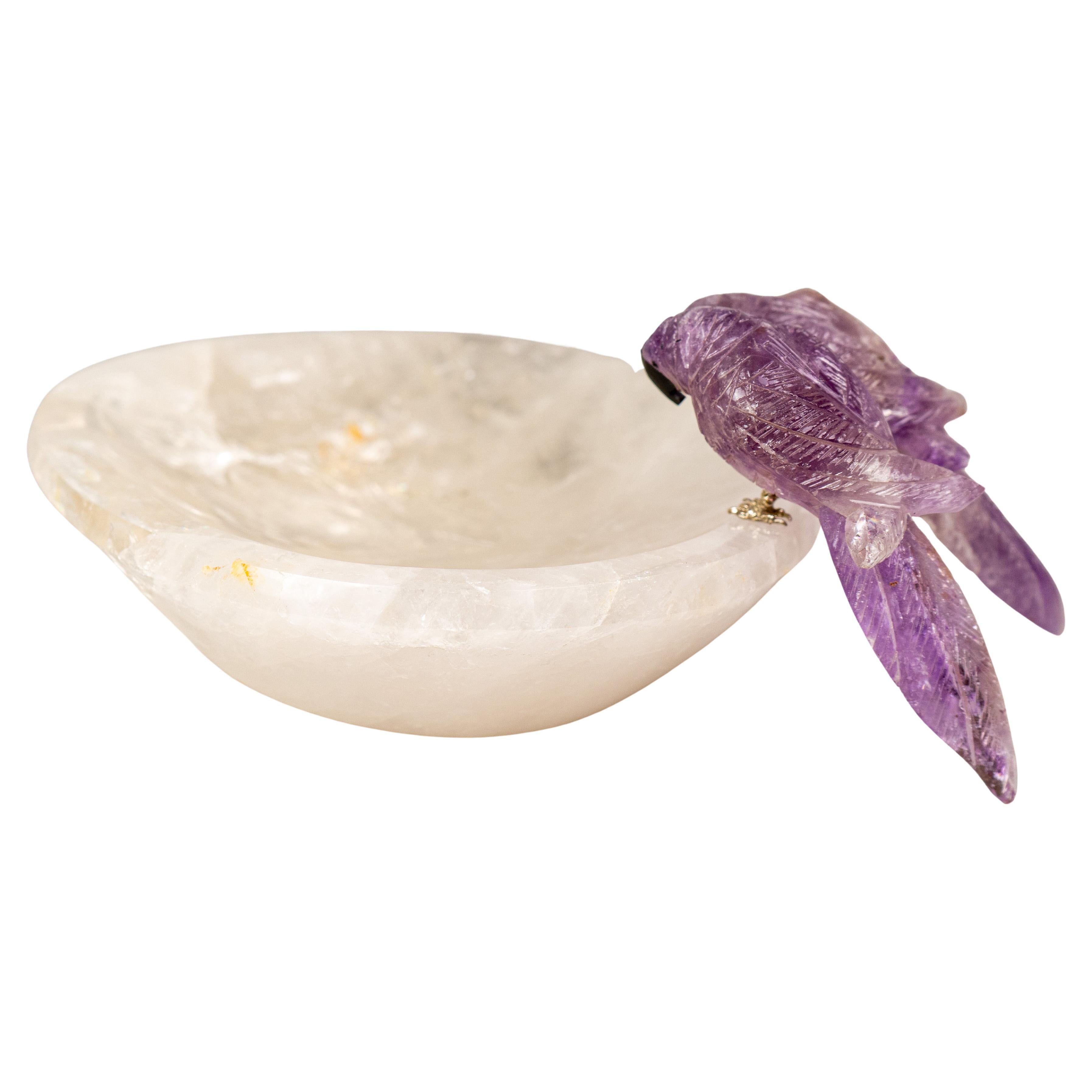 Hand-Carved Couple of Amethyst Crystal Parrots on a Clear Quartz Bowl