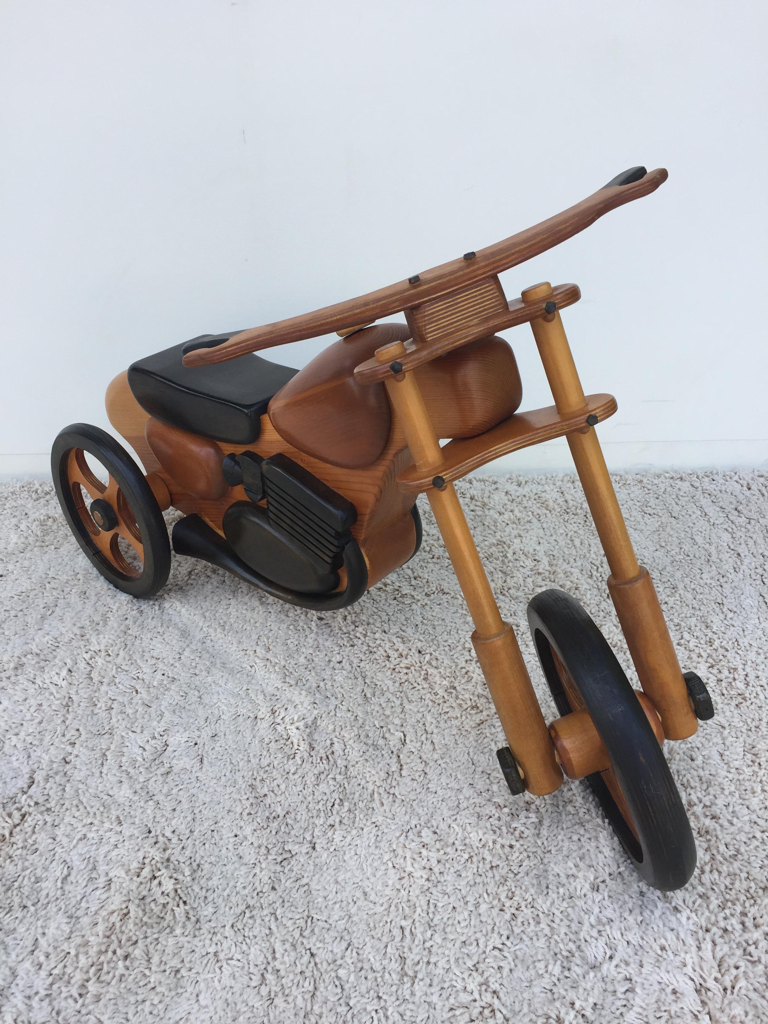 Large handcrafted carved pine and walnut tricycle Motorcycle. Rare and unusual store display / child decorative item.