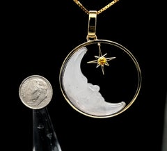 Hand Carved Crescent Moon and Yellow Diamond "North Star" Pendant in 18k Gold