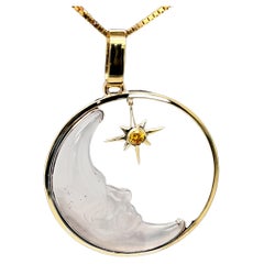 Hand Carved Crescent Moon and Yellow Diamond "North Star" Pendant in 18k Gold