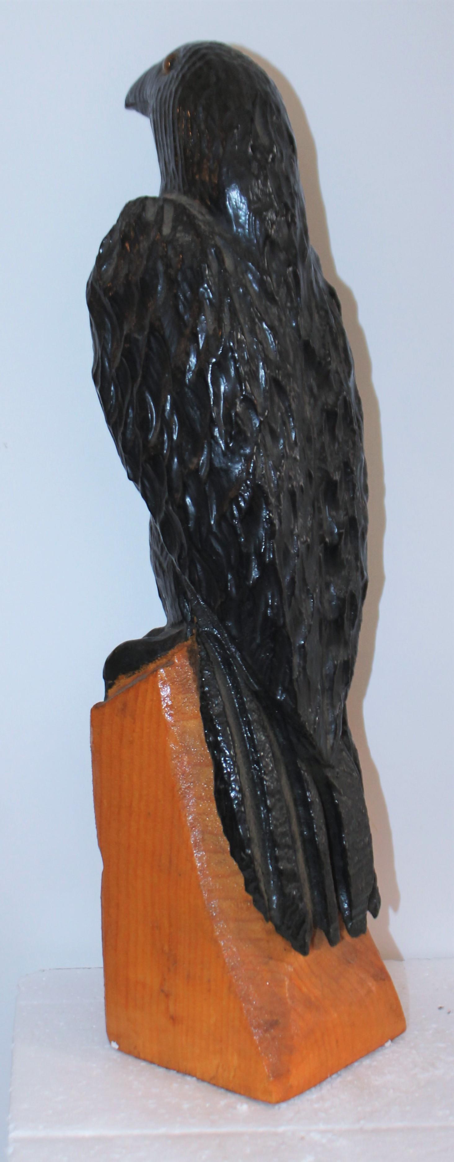 American Hand Carved Crow with Glass Eyes Signed by the Carver For Sale