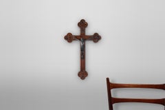 Hand carved Crucifix in wood with Corpus of Jesus Christ in tin, Belgium 1930