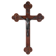 Hand carved Crucifix in wood with Corpus of Jesus Christ in tin, Belgium 1930