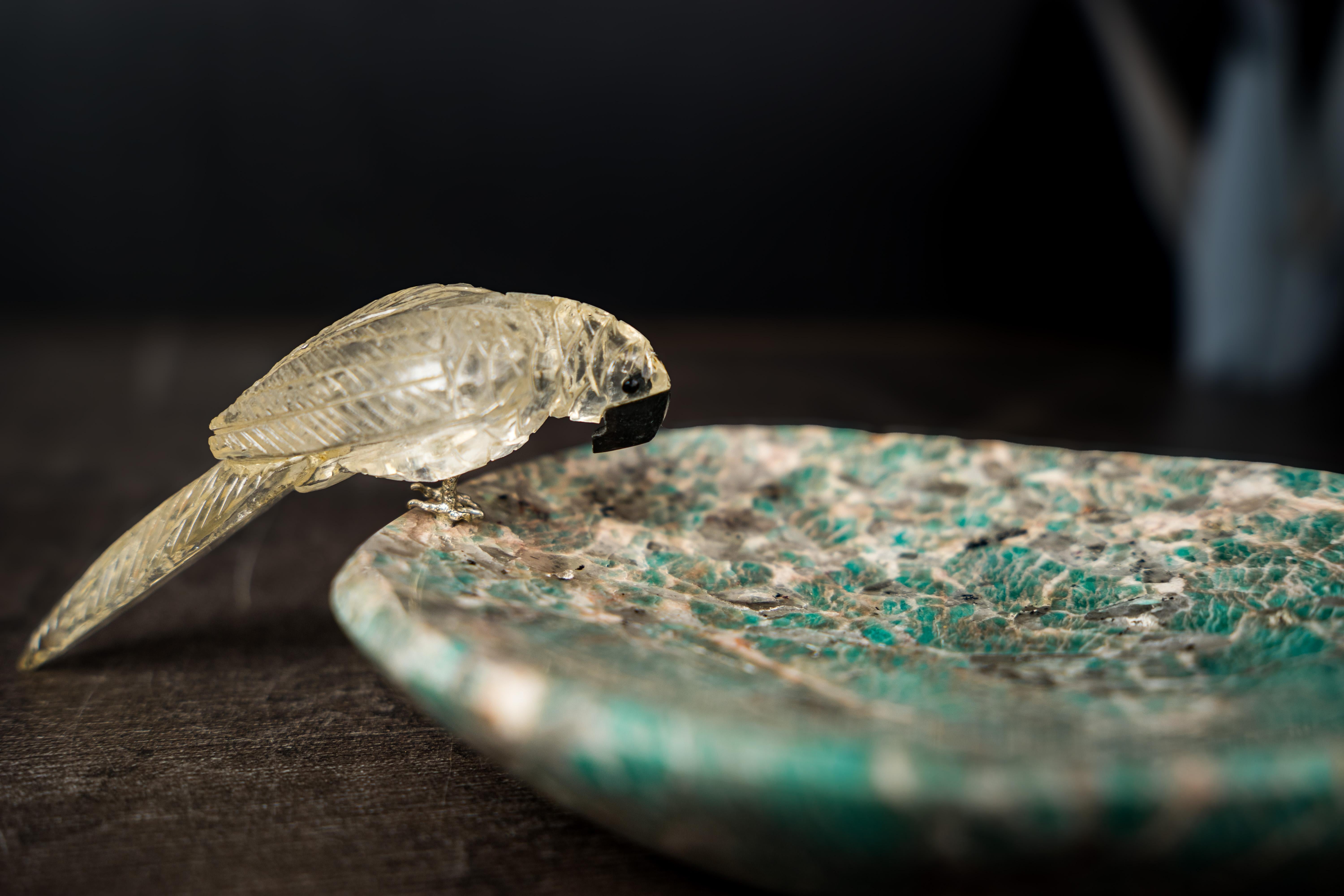 Brazilian Hand-Carved Crystal Parrot on a Amazonite Quartz Bowl For Sale