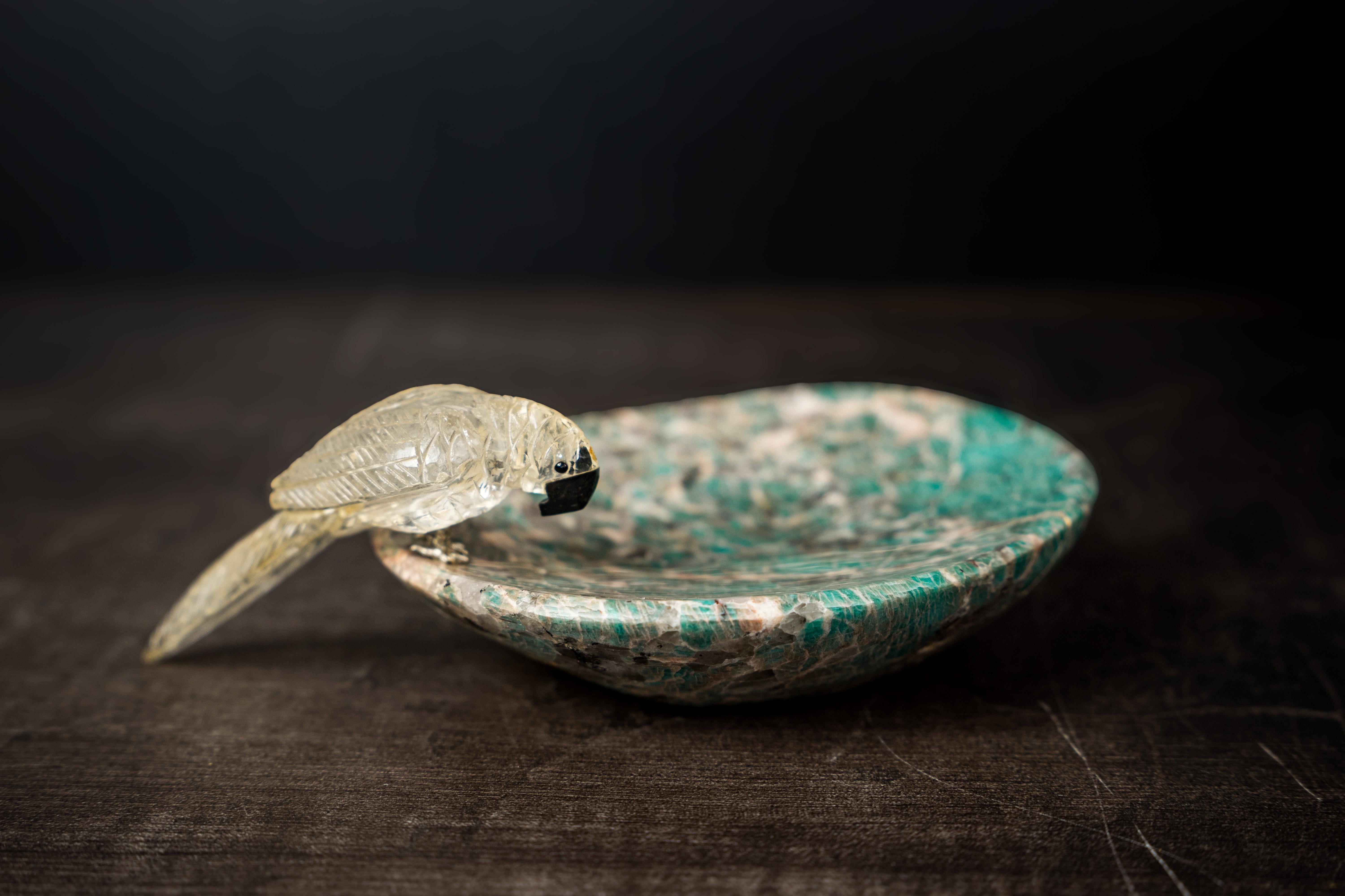 Contemporary Hand-Carved Crystal Parrot on a Amazonite Quartz Bowl For Sale