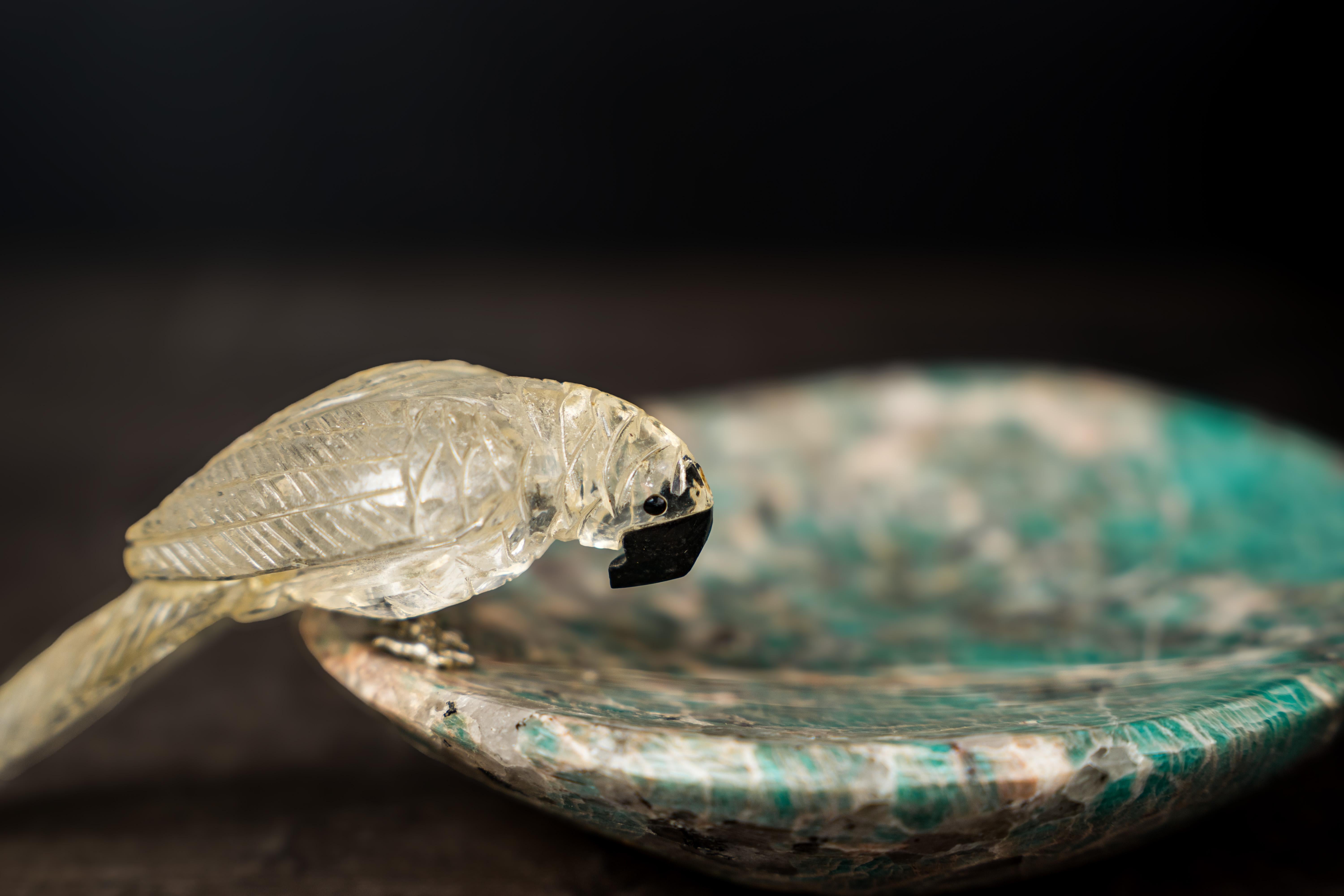 Hand-Carved Crystal Parrot on a Amazonite Quartz Bowl For Sale 1