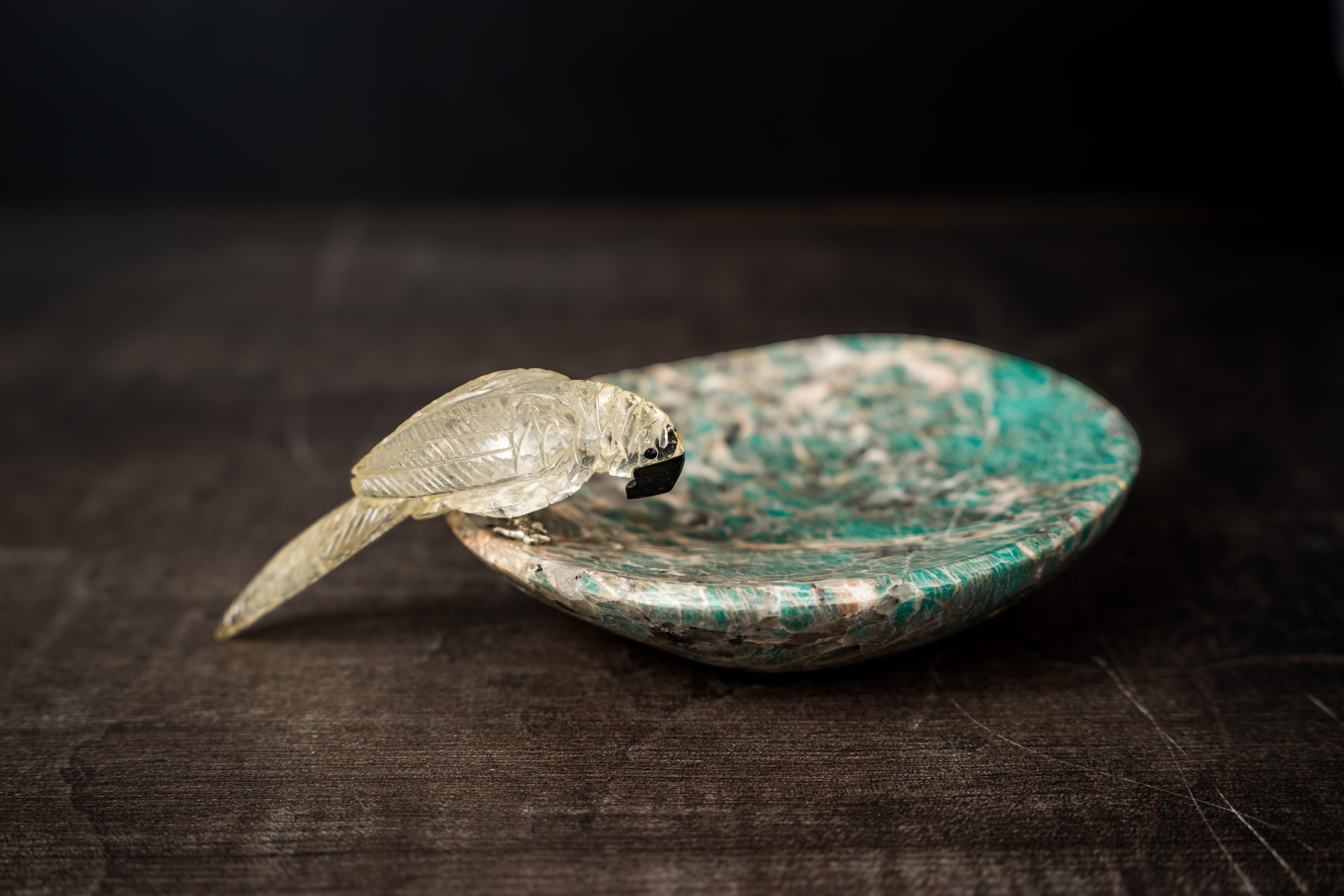Hand-Carved Crystal Parrot on a Amazonite Quartz Bowl For Sale 2