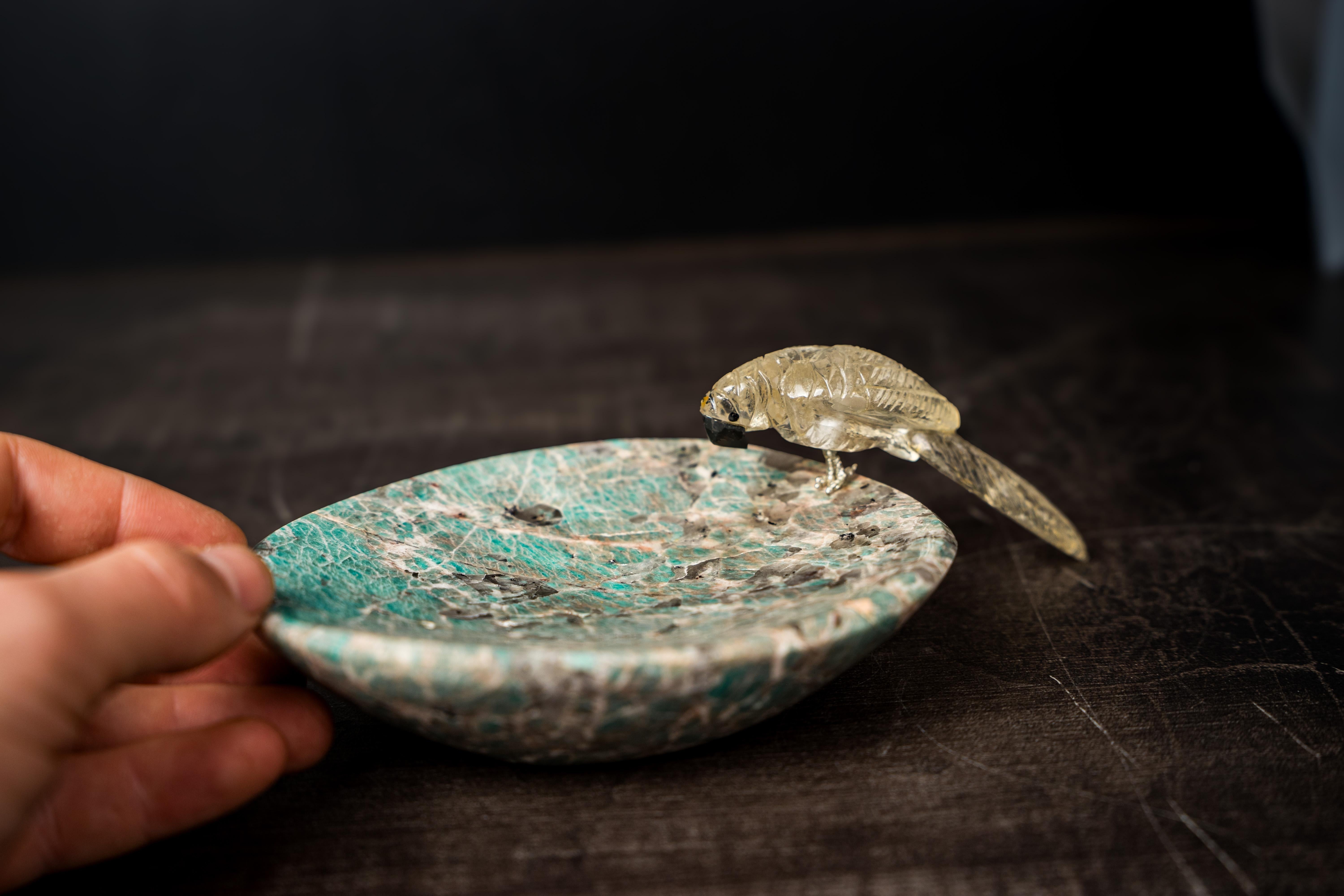 Hand-Carved Crystal Parrot on a Amazonite Quartz Bowl For Sale 3