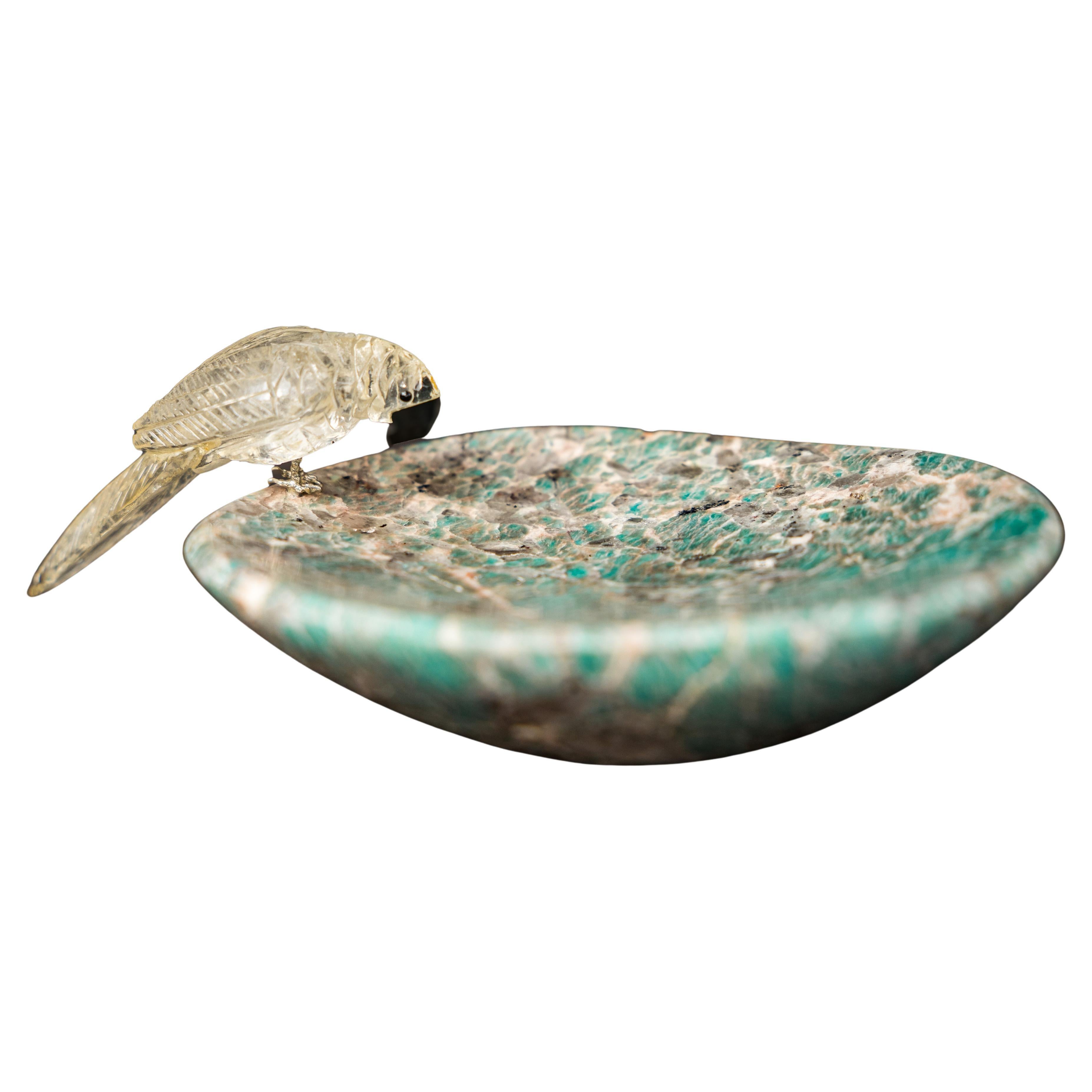 Hand-Carved Crystal Parrot on a Amazonite Quartz Bowl