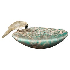 Hand-Carved Crystal Parrot on a Amazonite Quartz Bowl