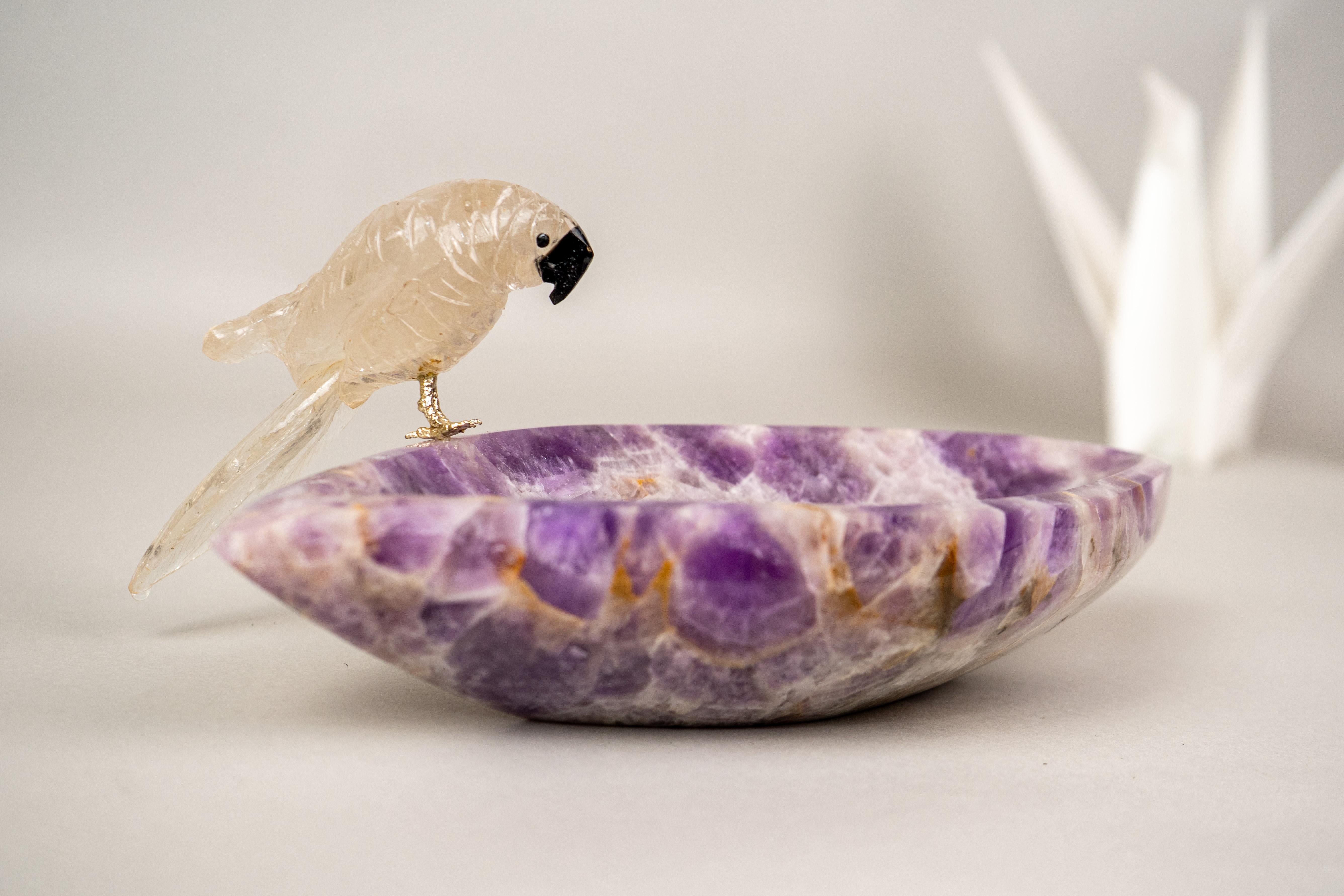 Brazilian Hand-Carved Crystal Parrot on a Chevron Amethyst Crystal Bowl For Sale