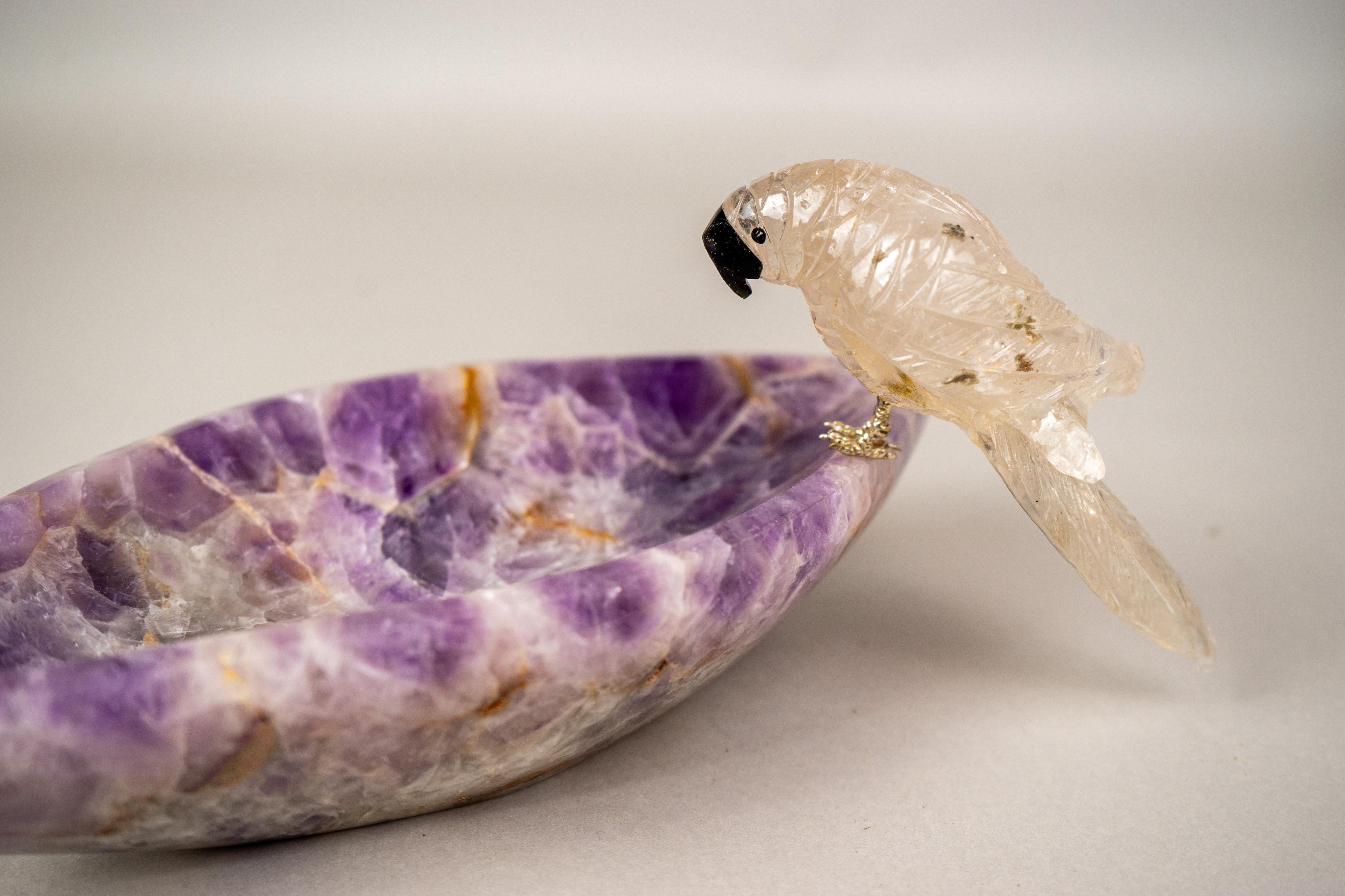 Contemporary Hand-Carved Crystal Parrot on a Chevron Amethyst Crystal Bowl For Sale