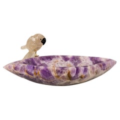 Hand-Carved Crystal Parrot on a Chevron Amethyst Crystal Bowl