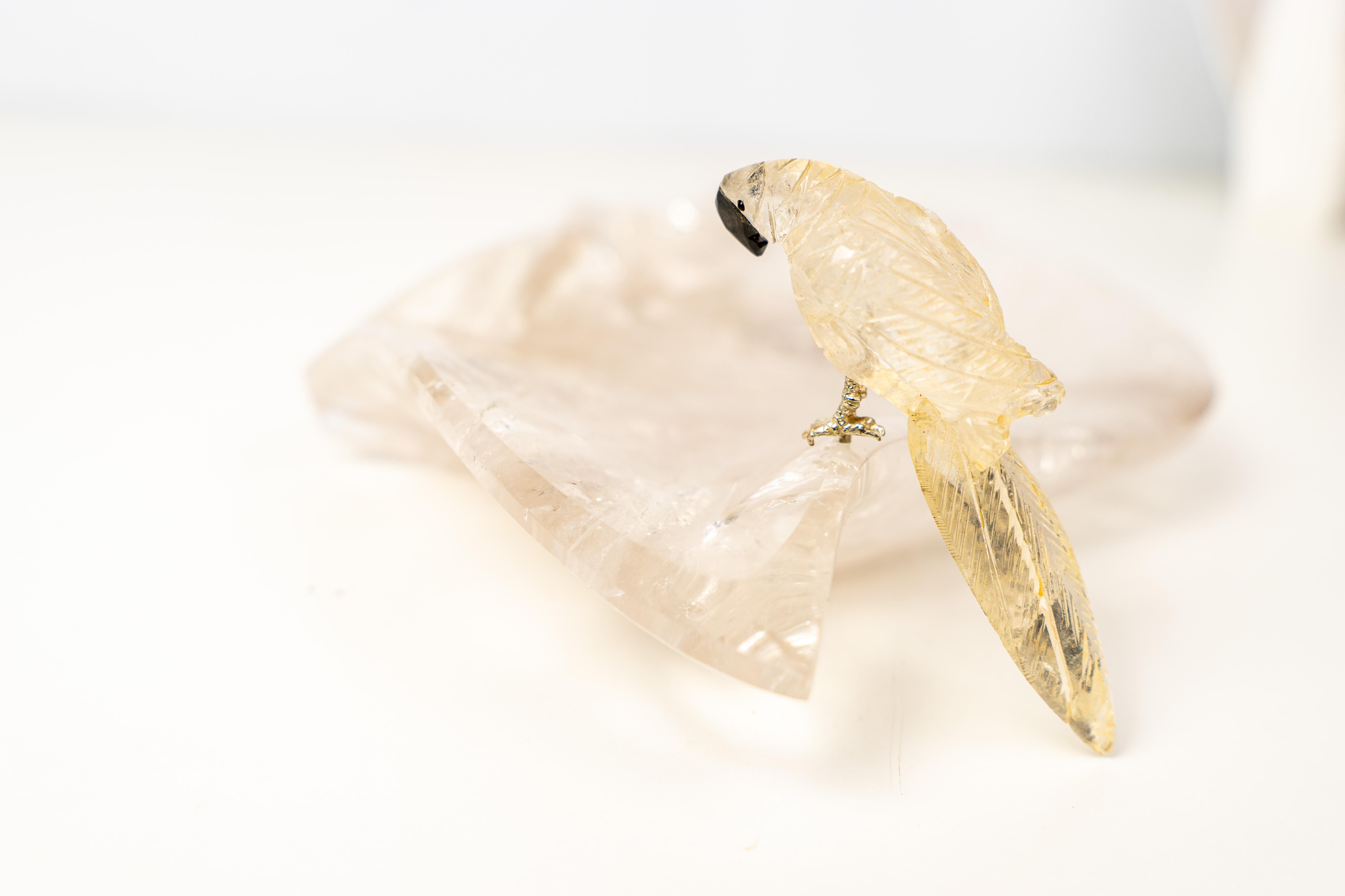 Brazilian Hand-Carved Crystal Parrot on a Clear Quartz Bowl For Sale