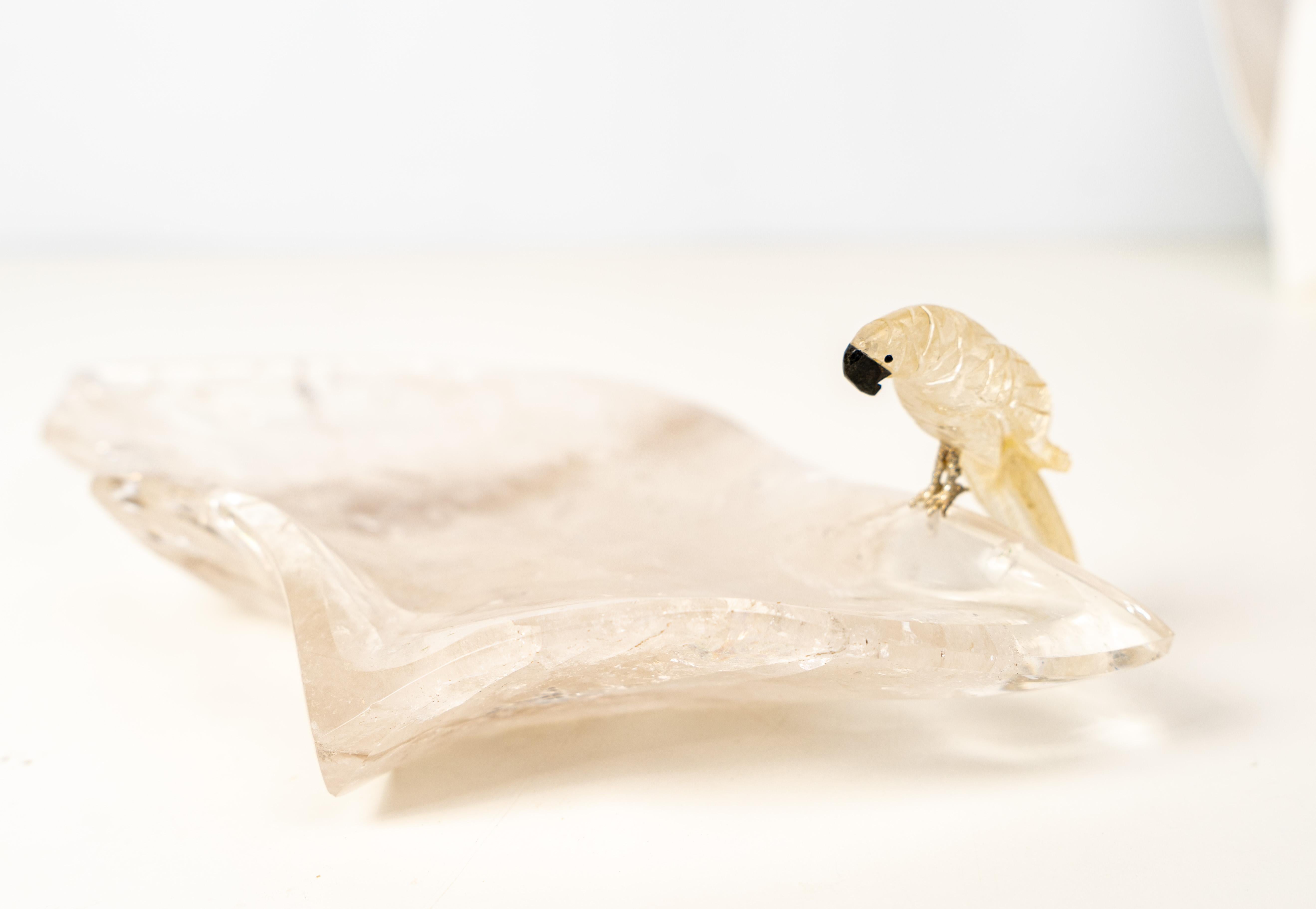 Contemporary Hand-Carved Crystal Parrot on a Clear Quartz Bowl For Sale