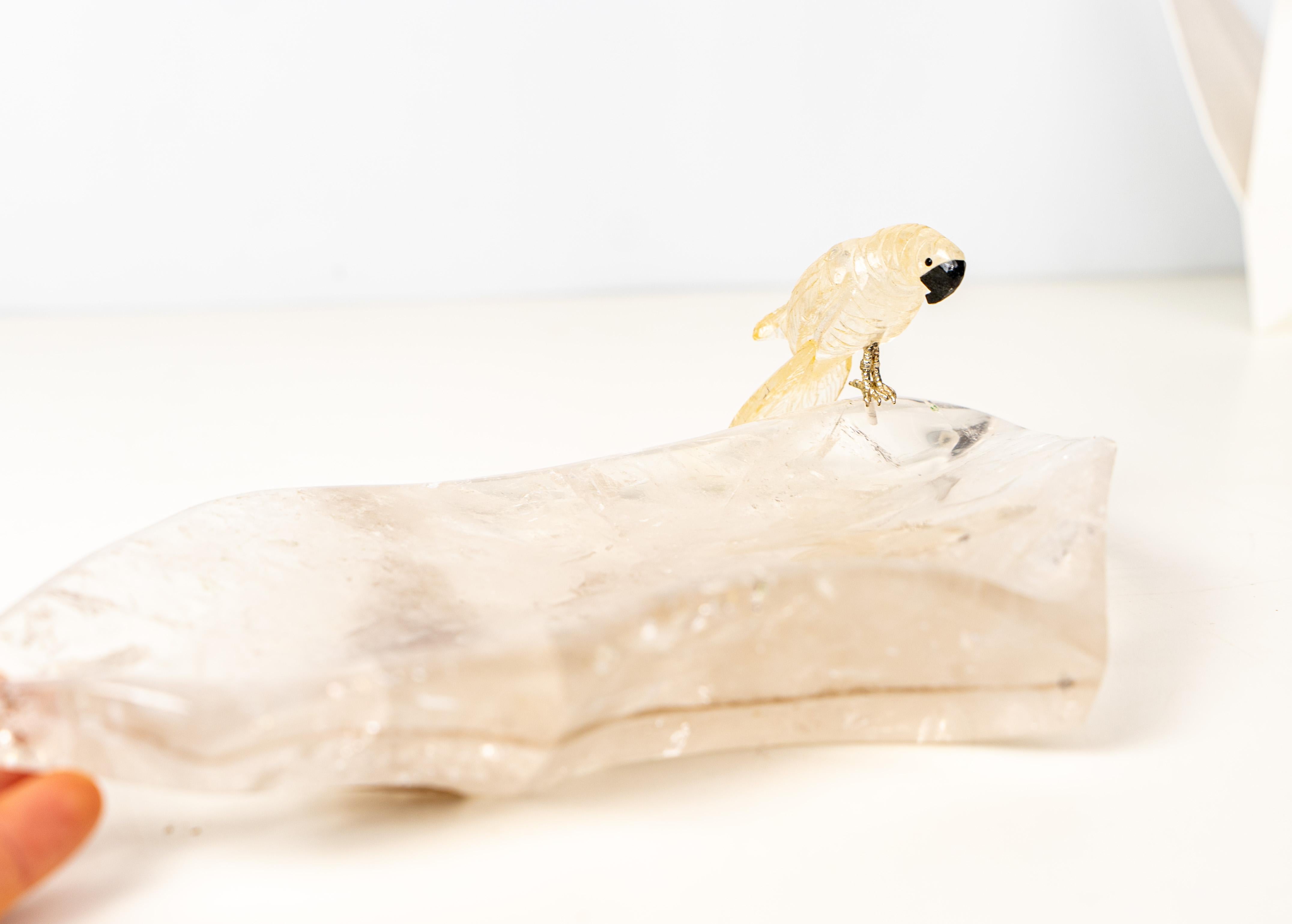 Hand-Carved Crystal Parrot on a Clear Quartz Bowl For Sale 1