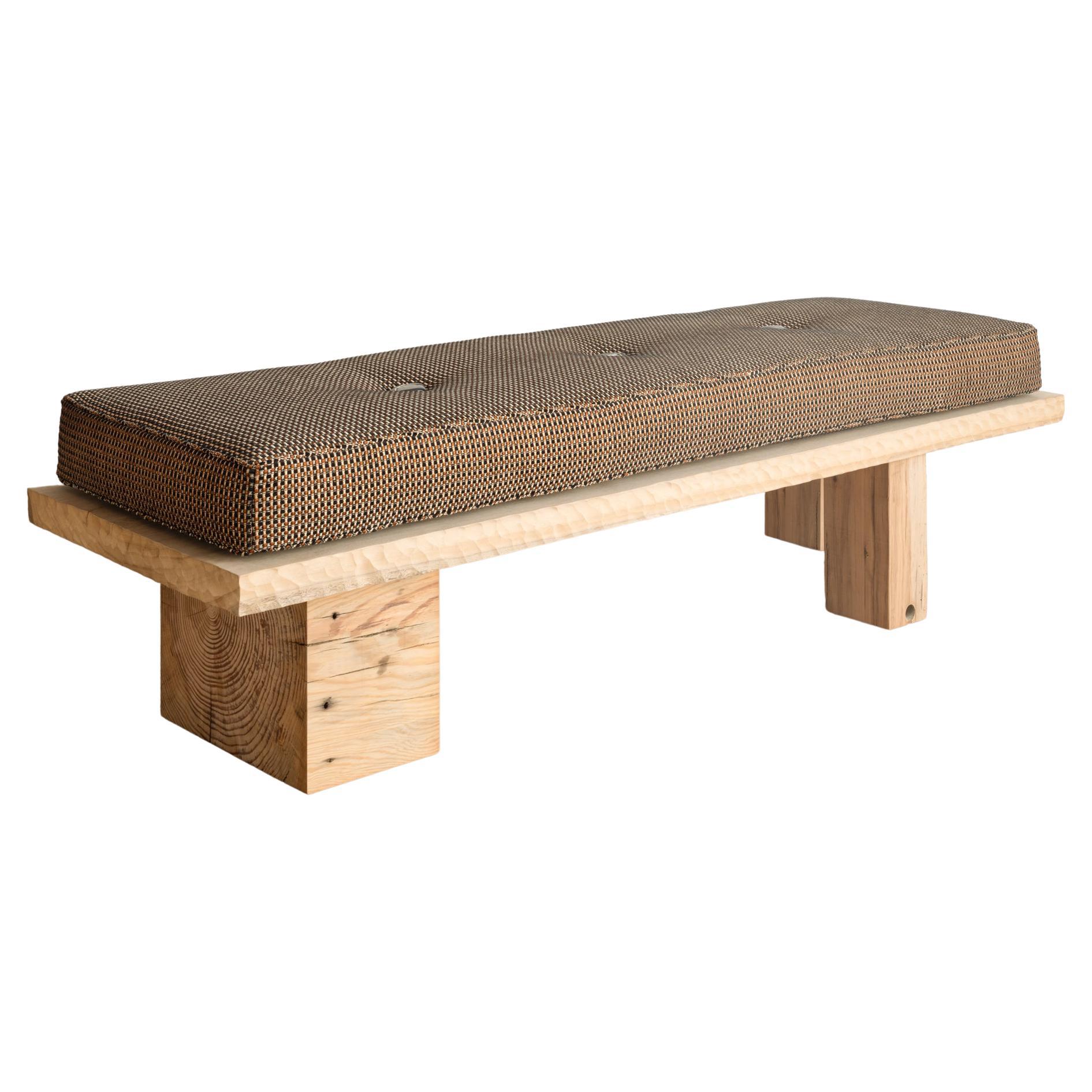 Hand-carved Wooden Bench with Upholstered Seat Cushion For Sale