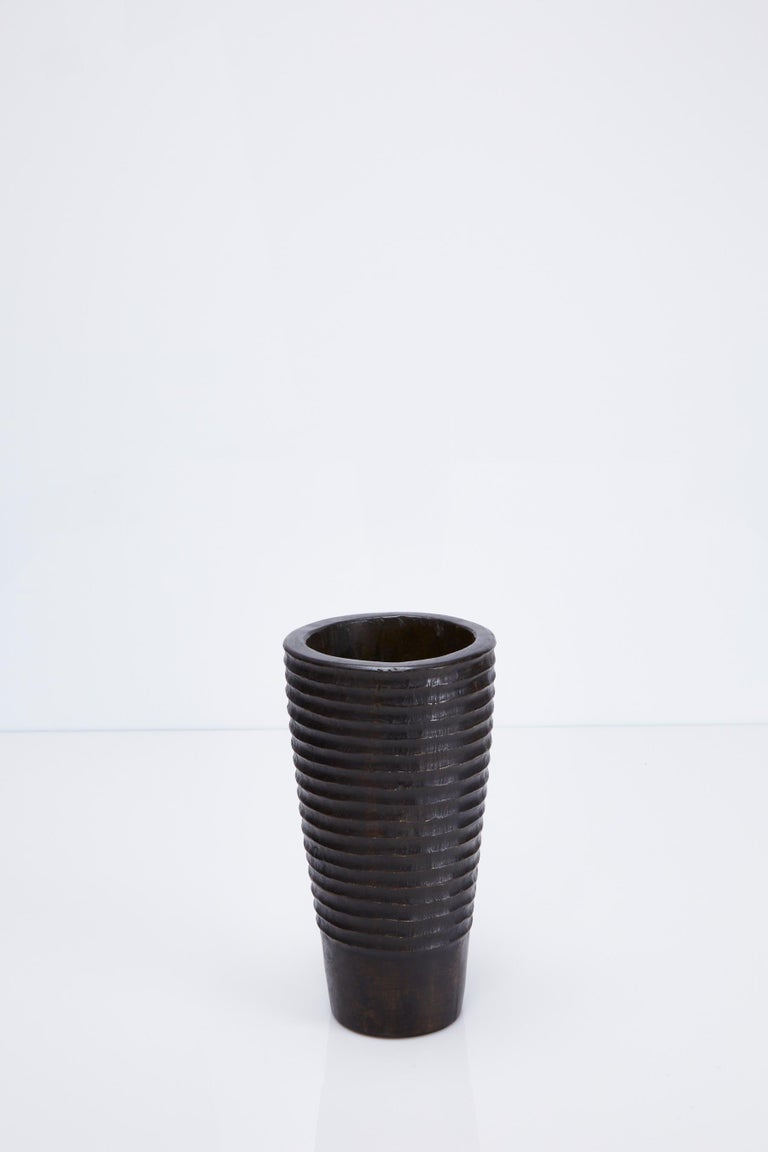HandCarved Dark Wood Vase with Ribbing For Sale at 1stDibs