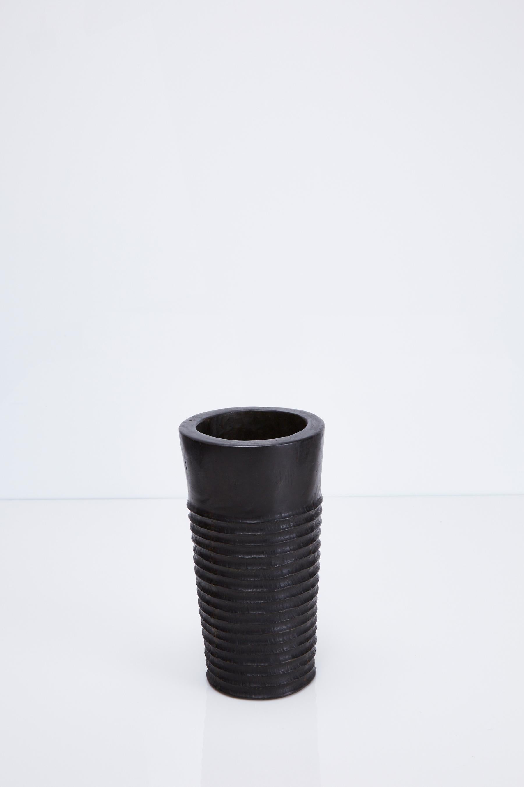 Post-Modern Hand-Carved Dark Wood Vase with Ribbing For Sale