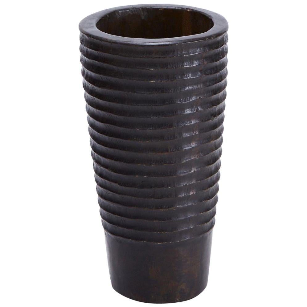 Hand-Carved Dark Wood Vase with Ribbing For Sale