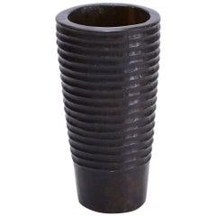 Hand-Carved Dark Wood Vase with Ribbing