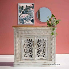 Hand-Carved Distressed White Accent Lattice Wooden Cabinet by House of Jaipur