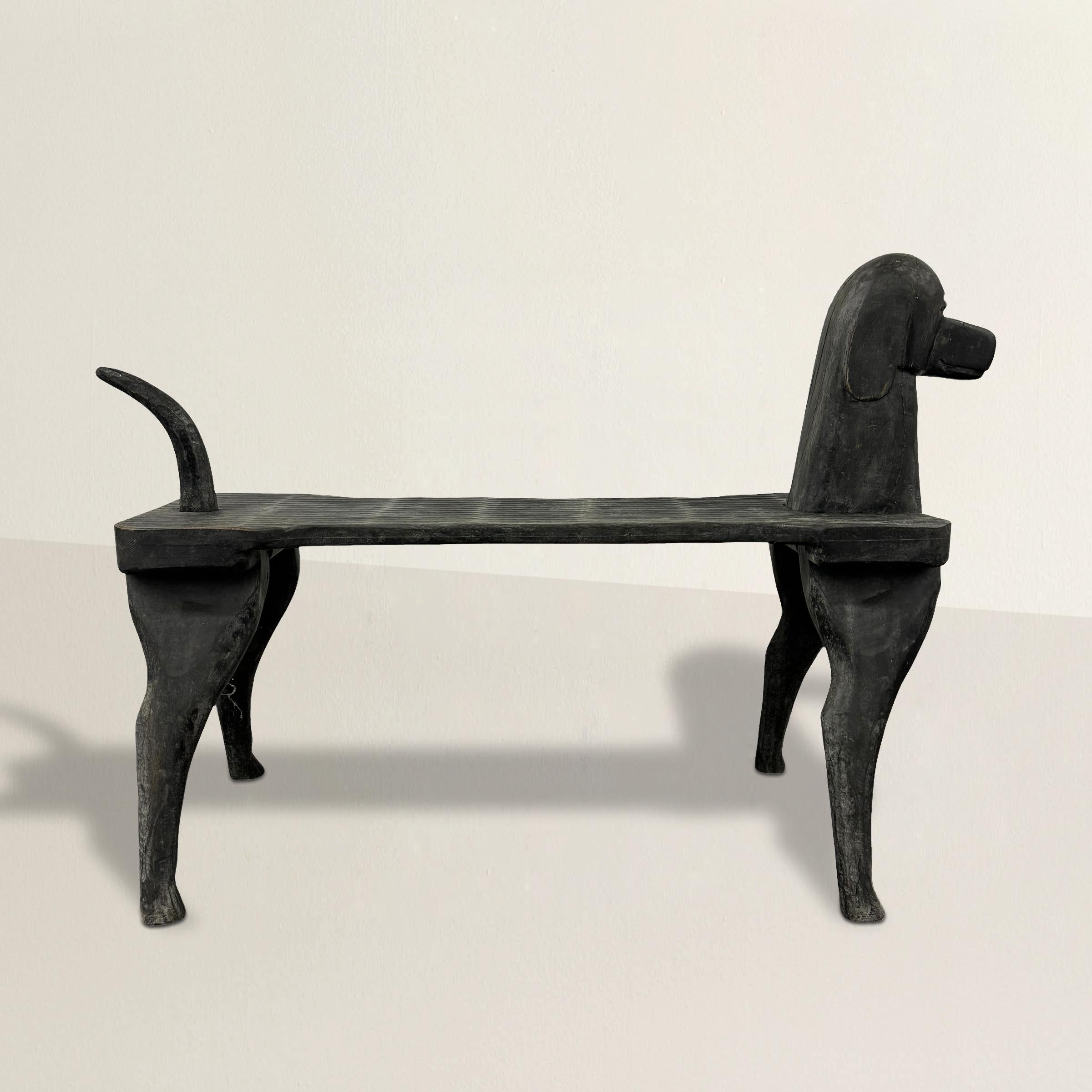 Stephen Husek, a renowned American folk artist, left behind a legacy of creativity and craftsmanship that continues to inspire today. This hand-carved wood dog bench, featuring Husek's beloved black lab, is a prime example of his extraordinary