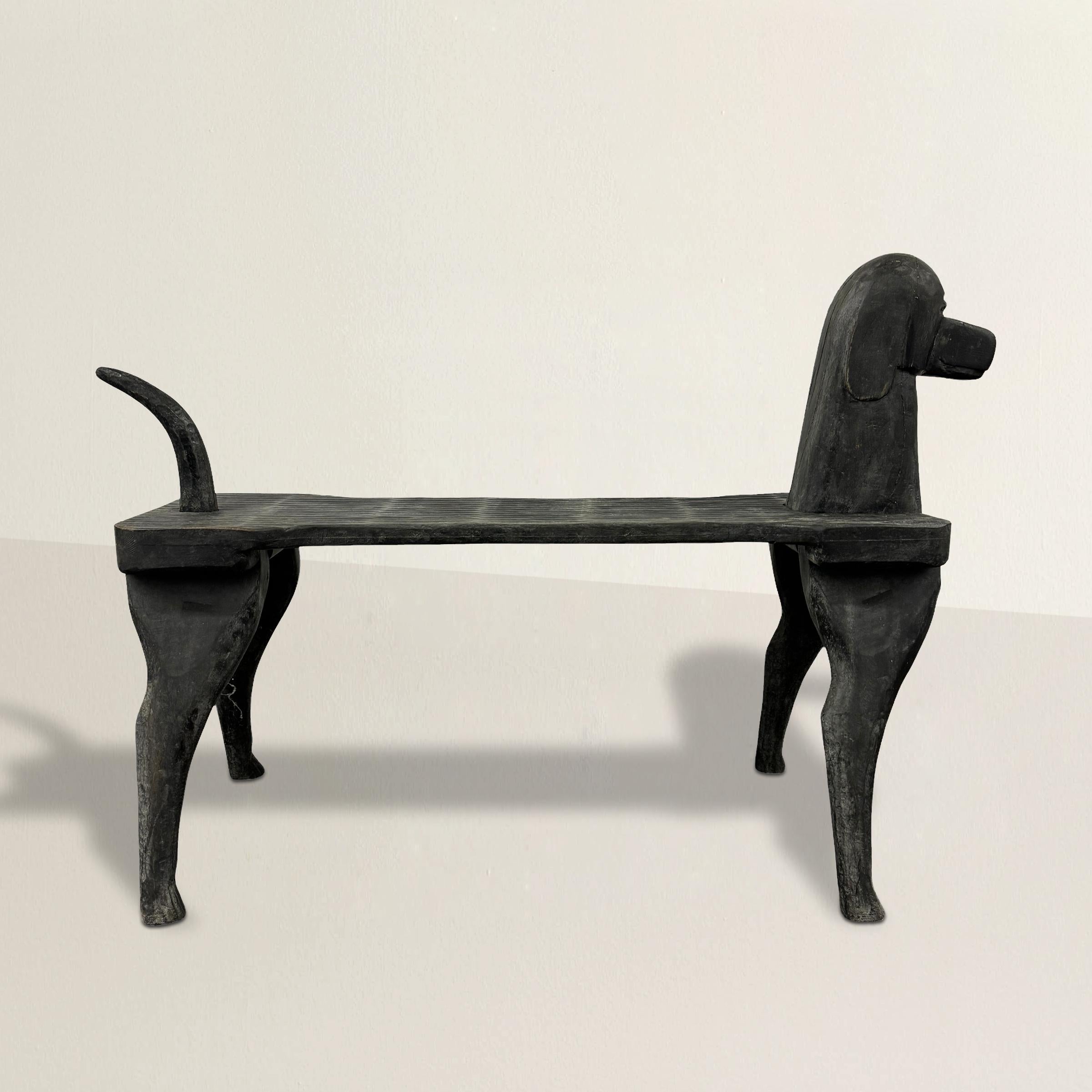 Stephen Huneck, a renowned American folk artist, left behind a legacy of creativity and craftsmanship that continues to inspire today. This hand-carved wood dog bench, featuring Huneck's beloved black lab, is a prime example of his extraordinary
