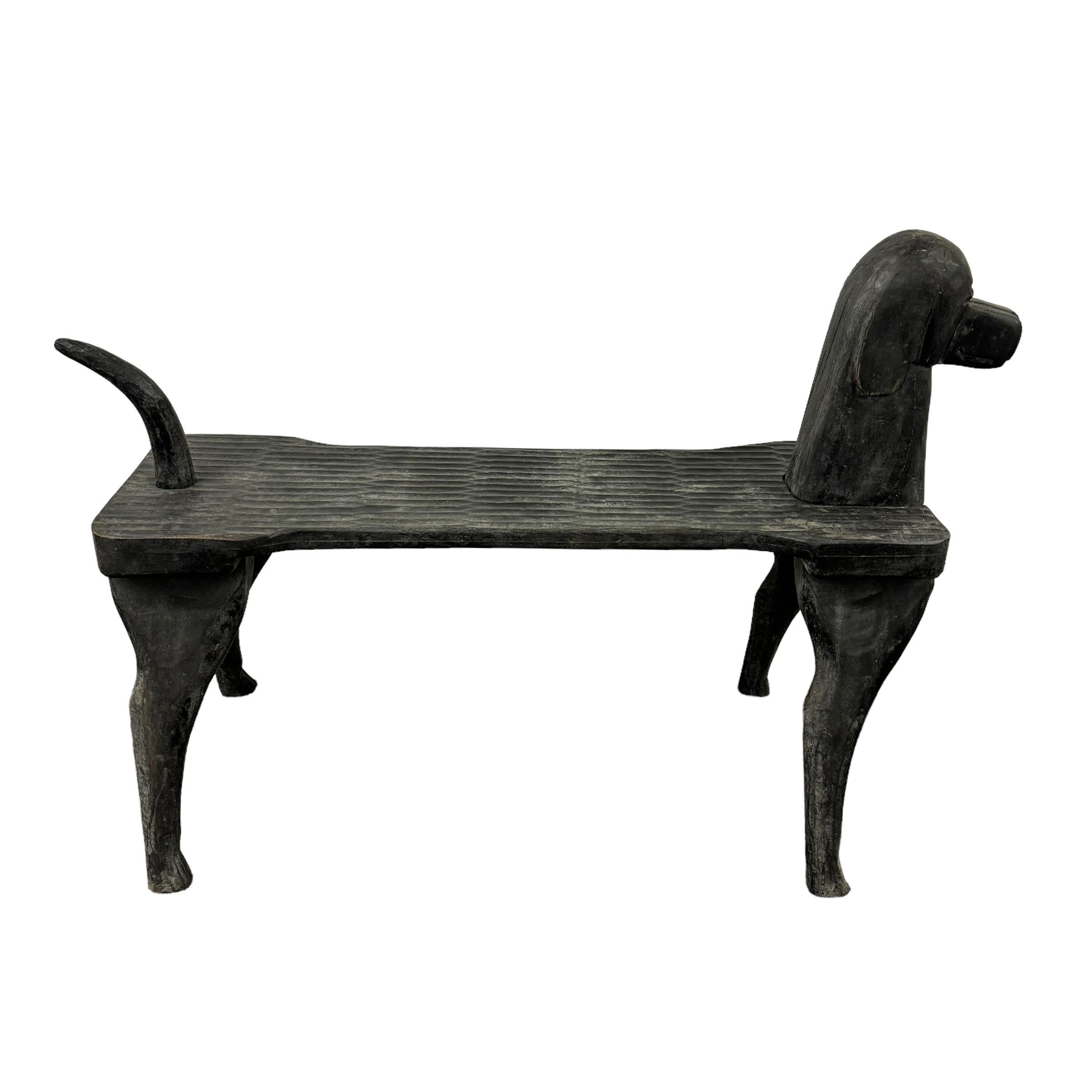 Folk Art Hand Carved Dog Bench by Stephen Husek For Sale