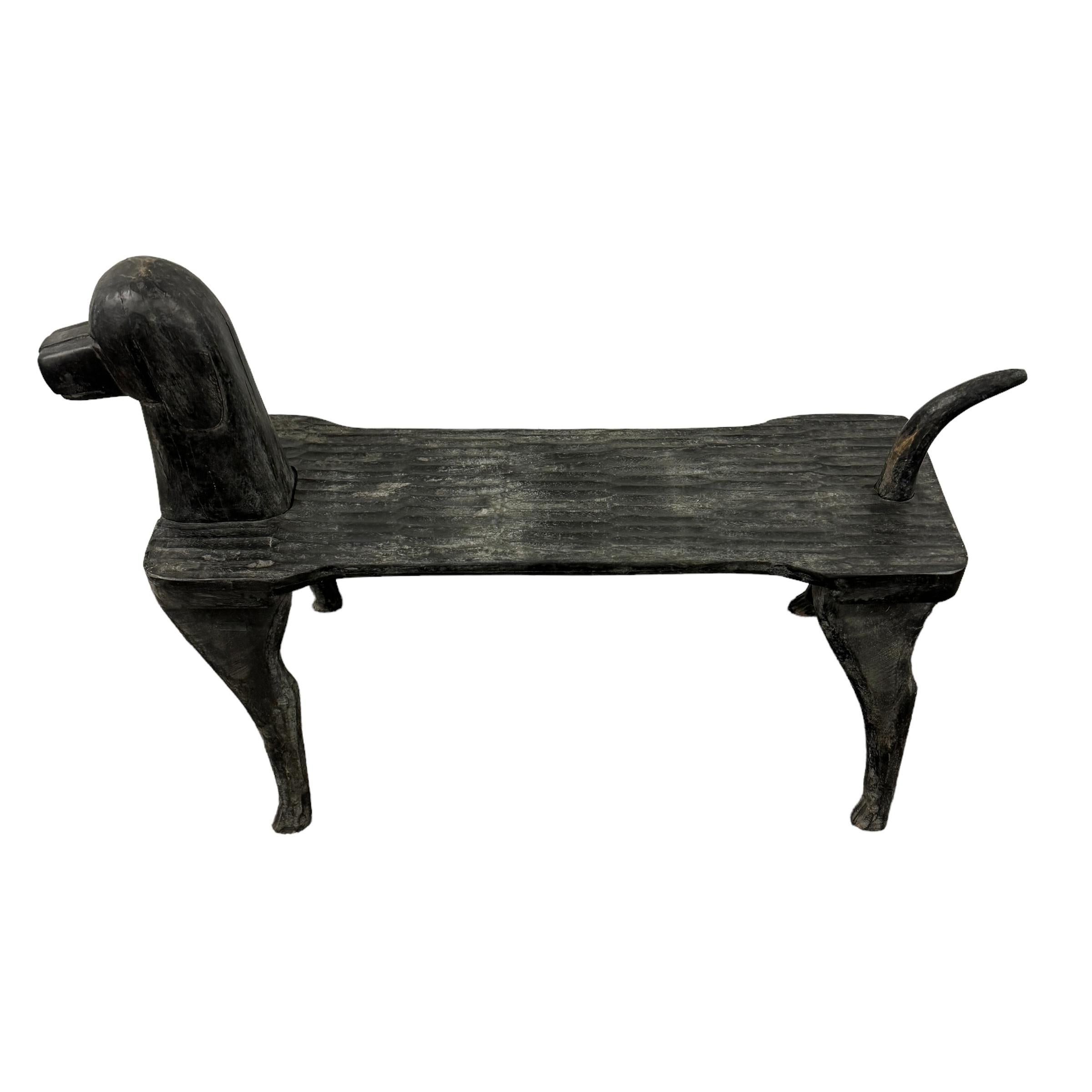Wood Hand Carved Dog Bench by Stephen Husek For Sale