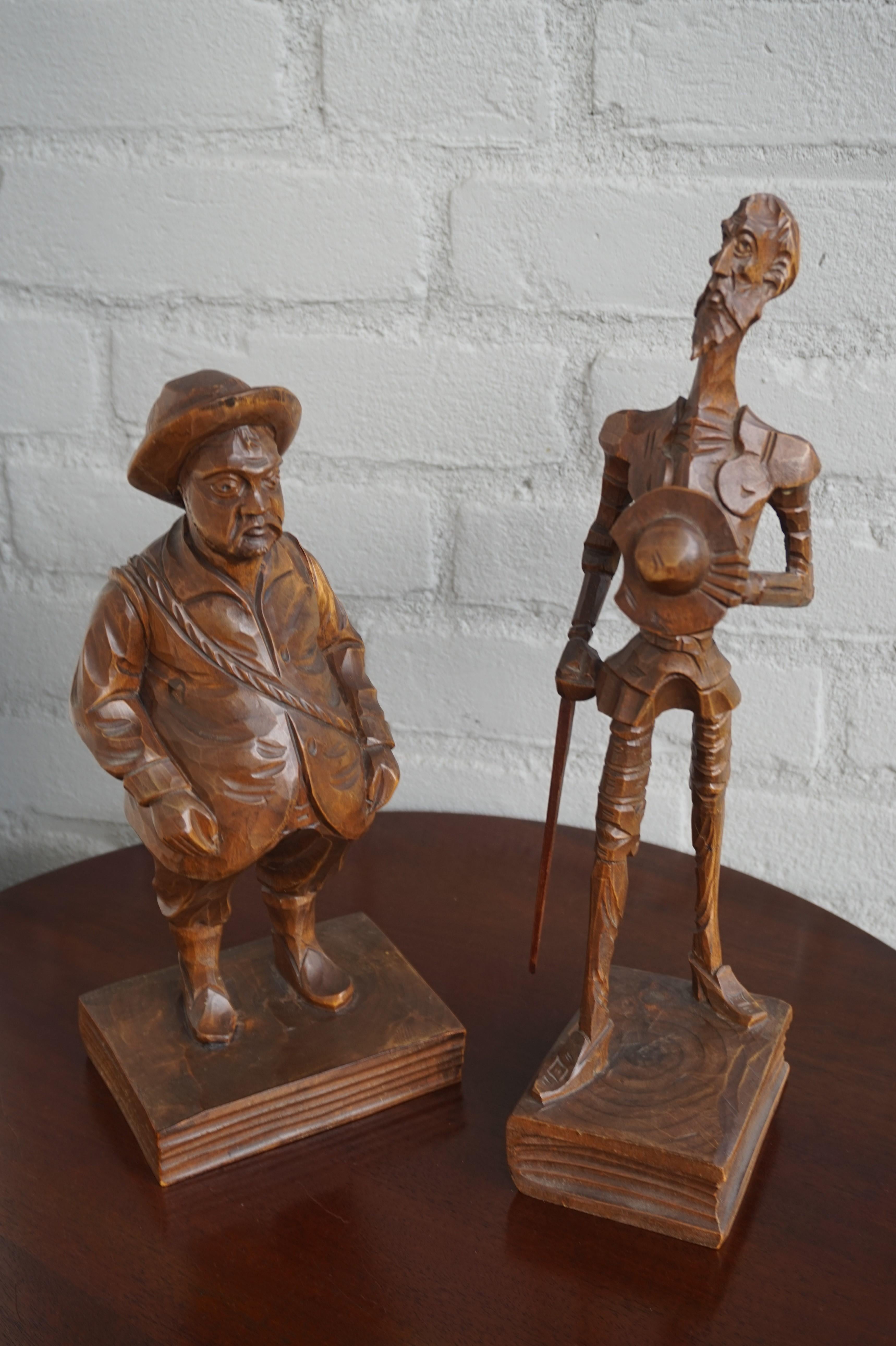 Wood Hand Carved Don Quixote and Sancho Panza Sculptures from the Arts & Crafts Era