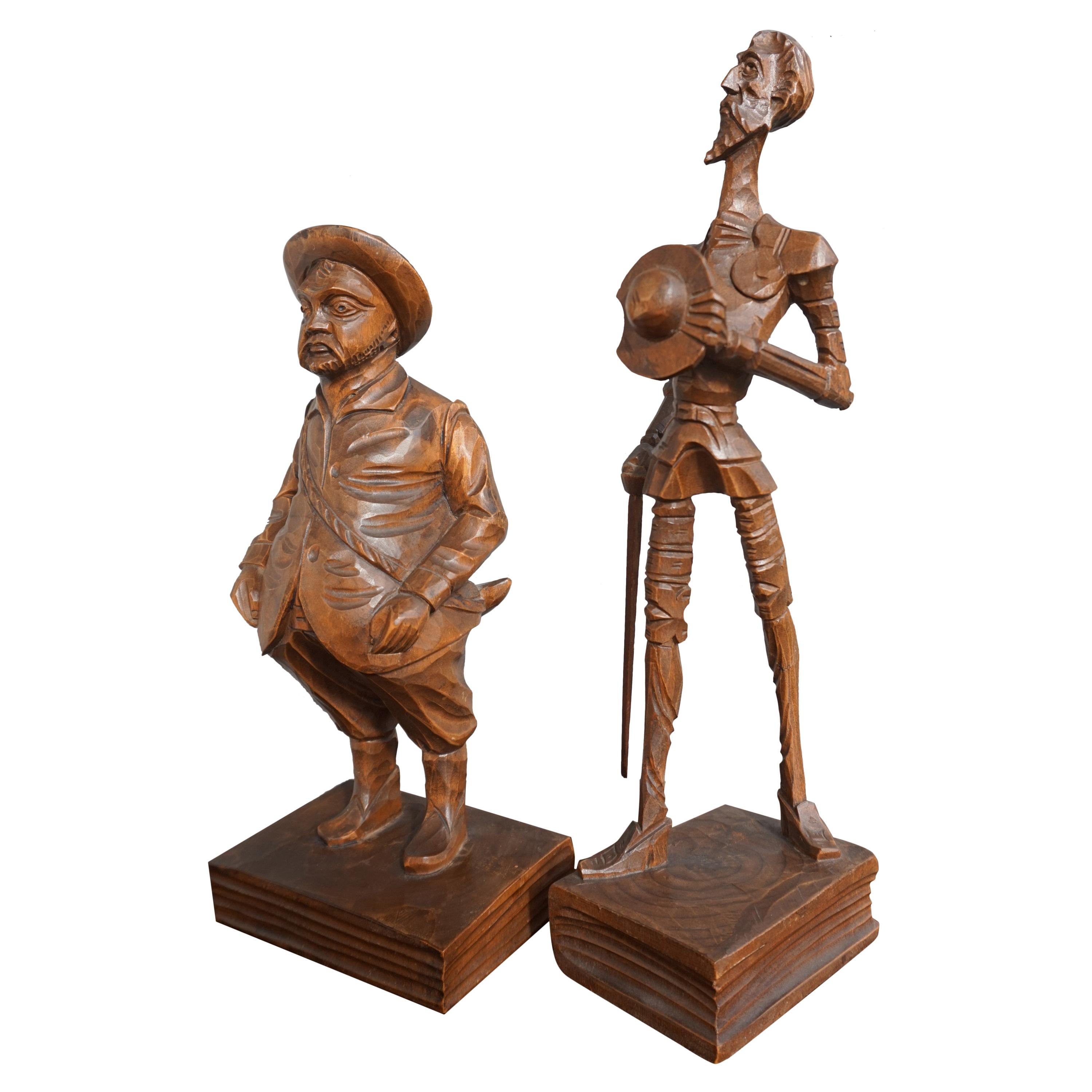 Hand Carved Don Quixote and Sancho Panza Sculptures from the Arts & Crafts Era