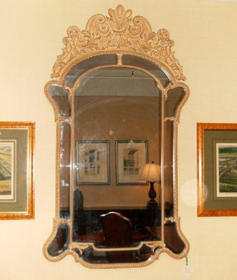 This Mirror Fair mirror is ideal for today's decor. Very attractive hand carved classical large double frame mirror with a light feeling pine pickled finish. Entire outer frame with carving and topped with well executed and balanced hand carved