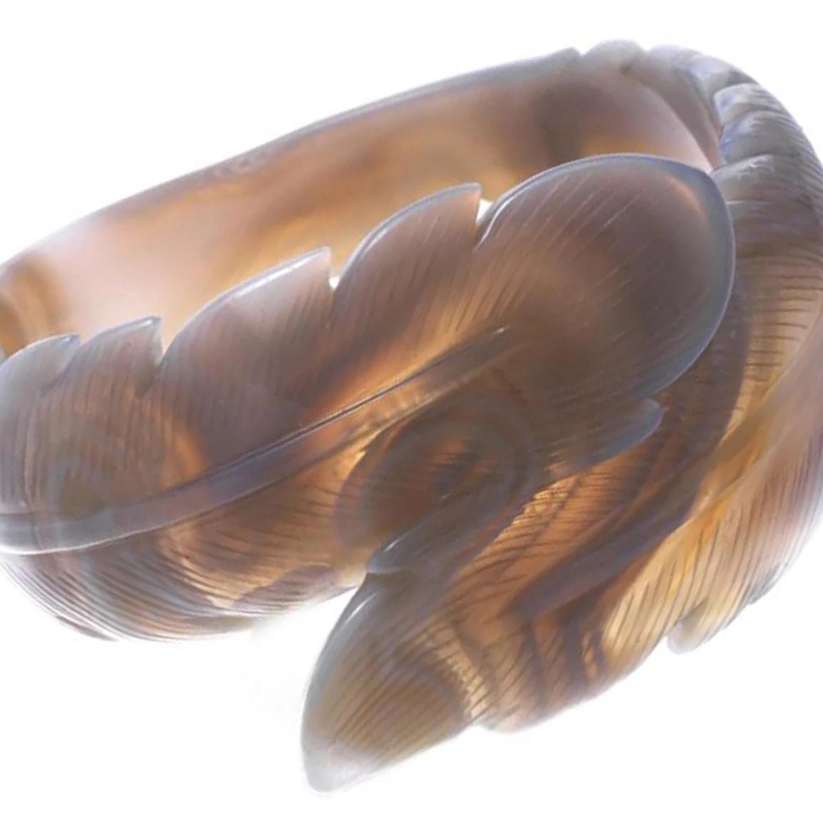 Uncut Hand Carved Dove Chalcedony Feather Bangle Bracelet For Sale