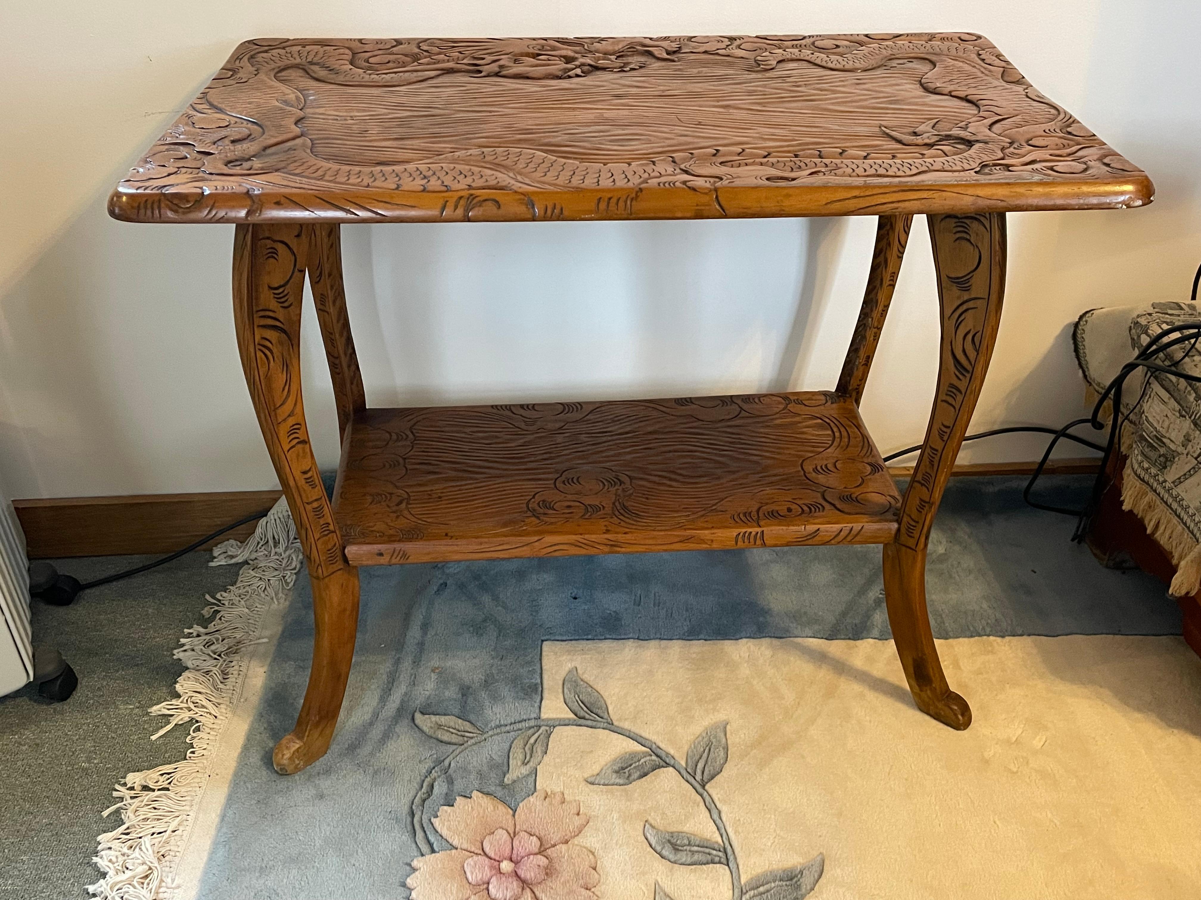 Hand-Carved Dragon Motif Cypress Wood Console or Sofa Table In Good Condition For Sale In Nantucket, MA