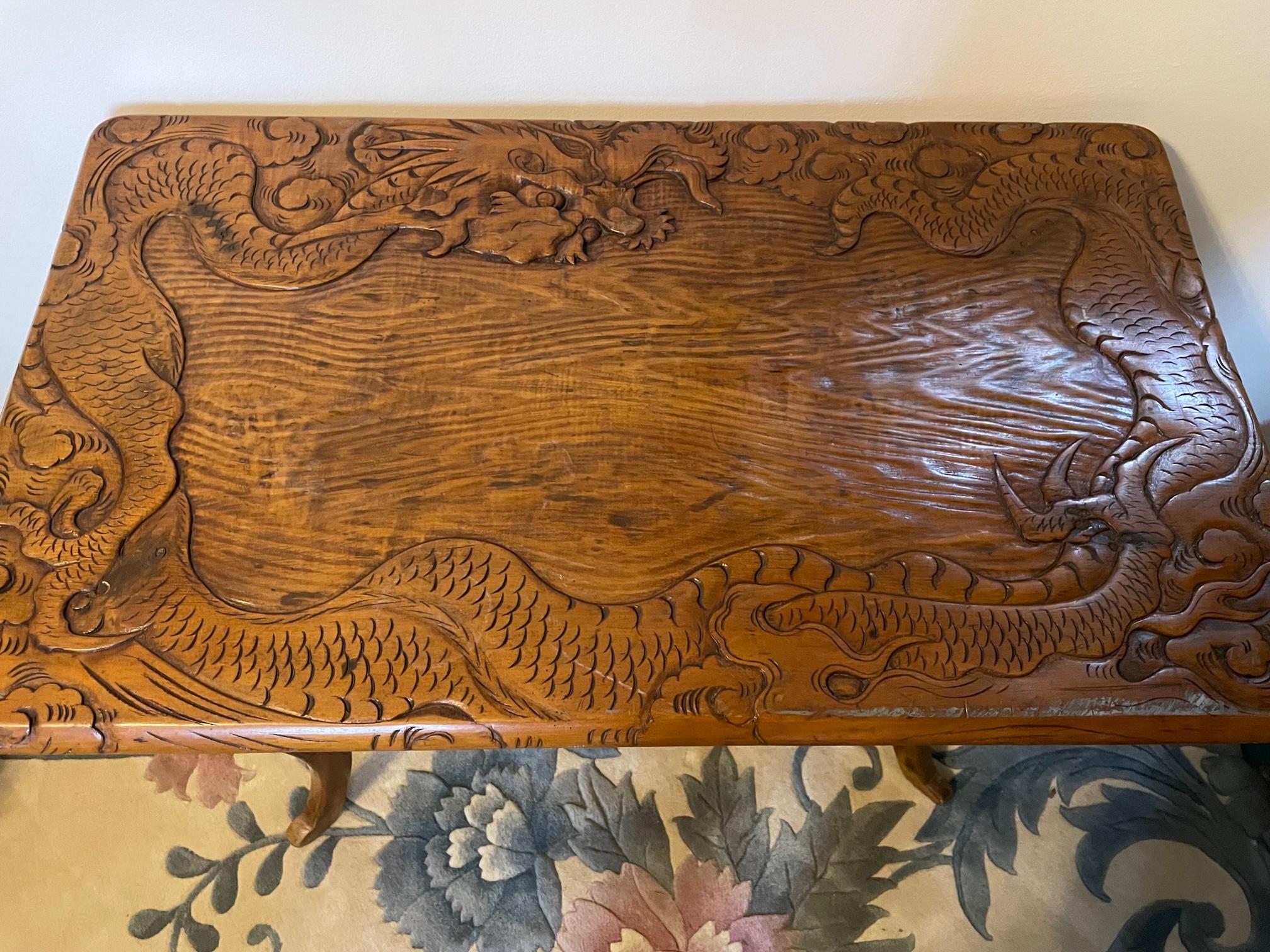 20th Century Hand-Carved Dragon Motif Cypress Wood Console or Sofa Table For Sale