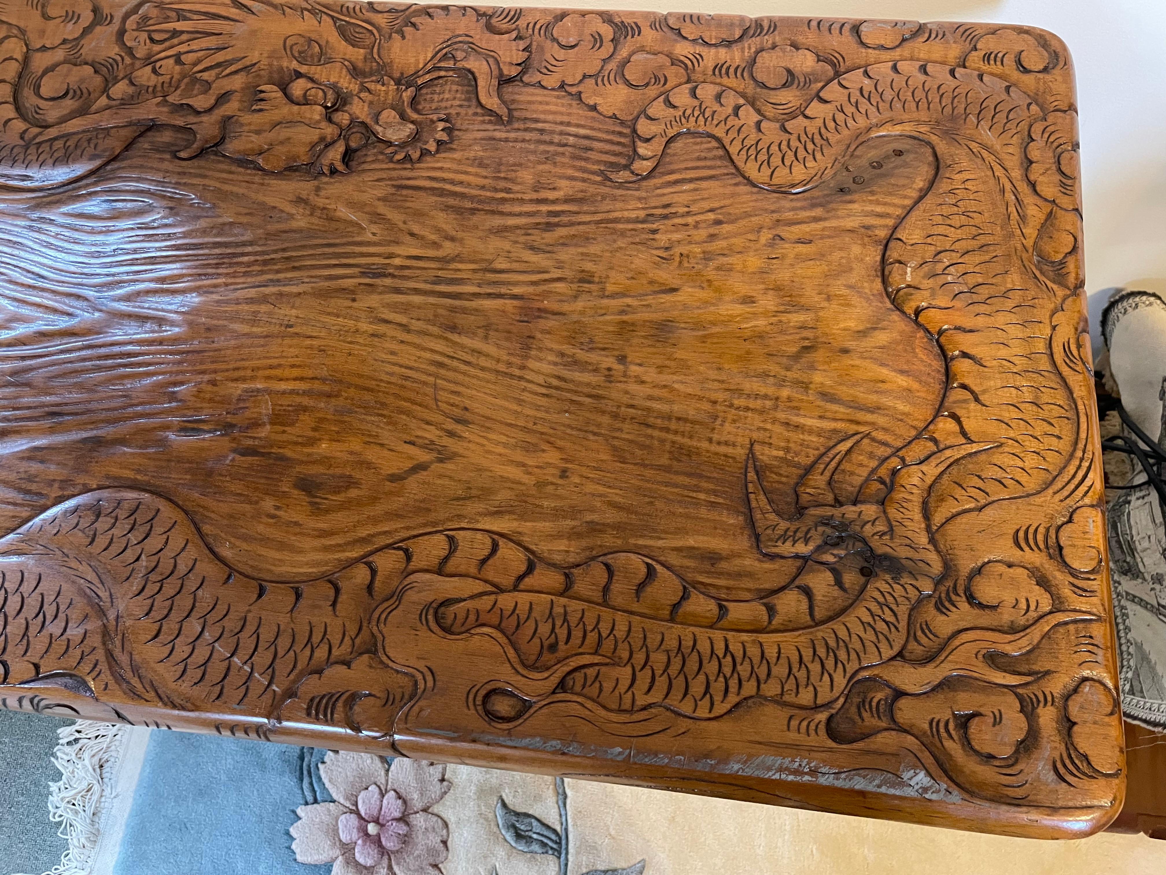 Hand-Carved Dragon Motif Cypress Wood Console or Sofa Table For Sale 1