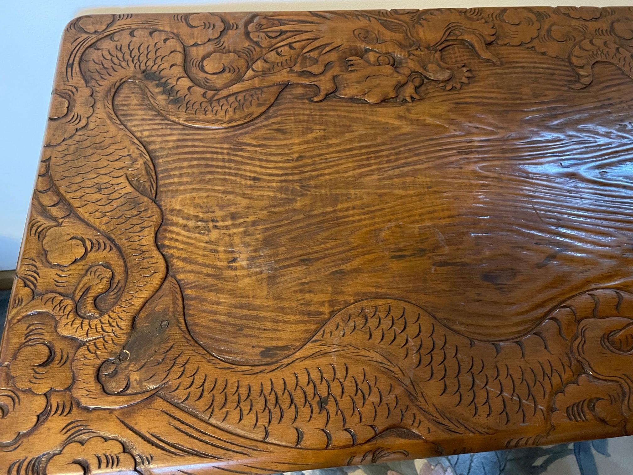 Hand-Carved Dragon Motif Cypress Wood Console or Sofa Table For Sale 3