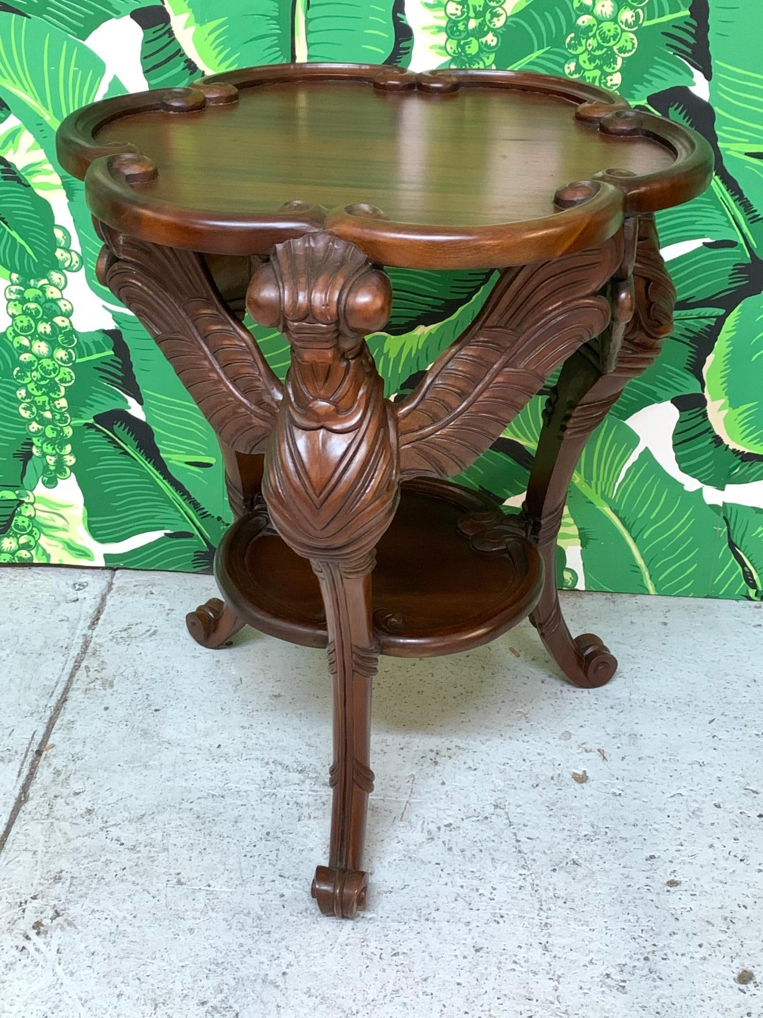 Hollywood Regency Hand Carved Dragonfly Sculptural End Table