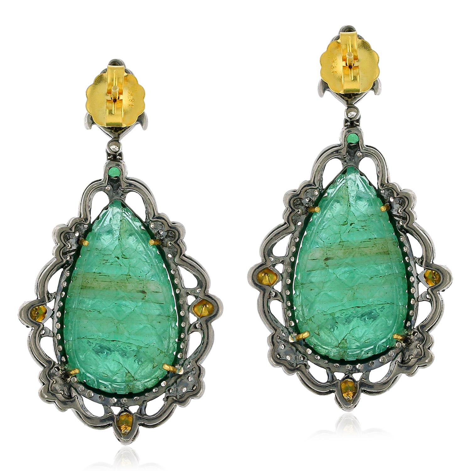 Pear Cut Hand Carved Drop Shape Emerald & Diamonds Dangle Earring in 18K Gold and Silver For Sale