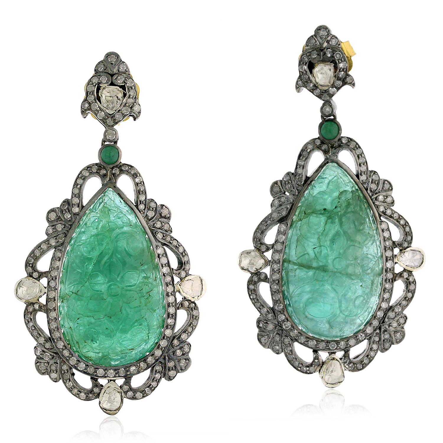 Hand Carved Drop Shape Emerald & Diamonds Dangle Earring in 18K Gold and Silver In New Condition For Sale In New York, NY