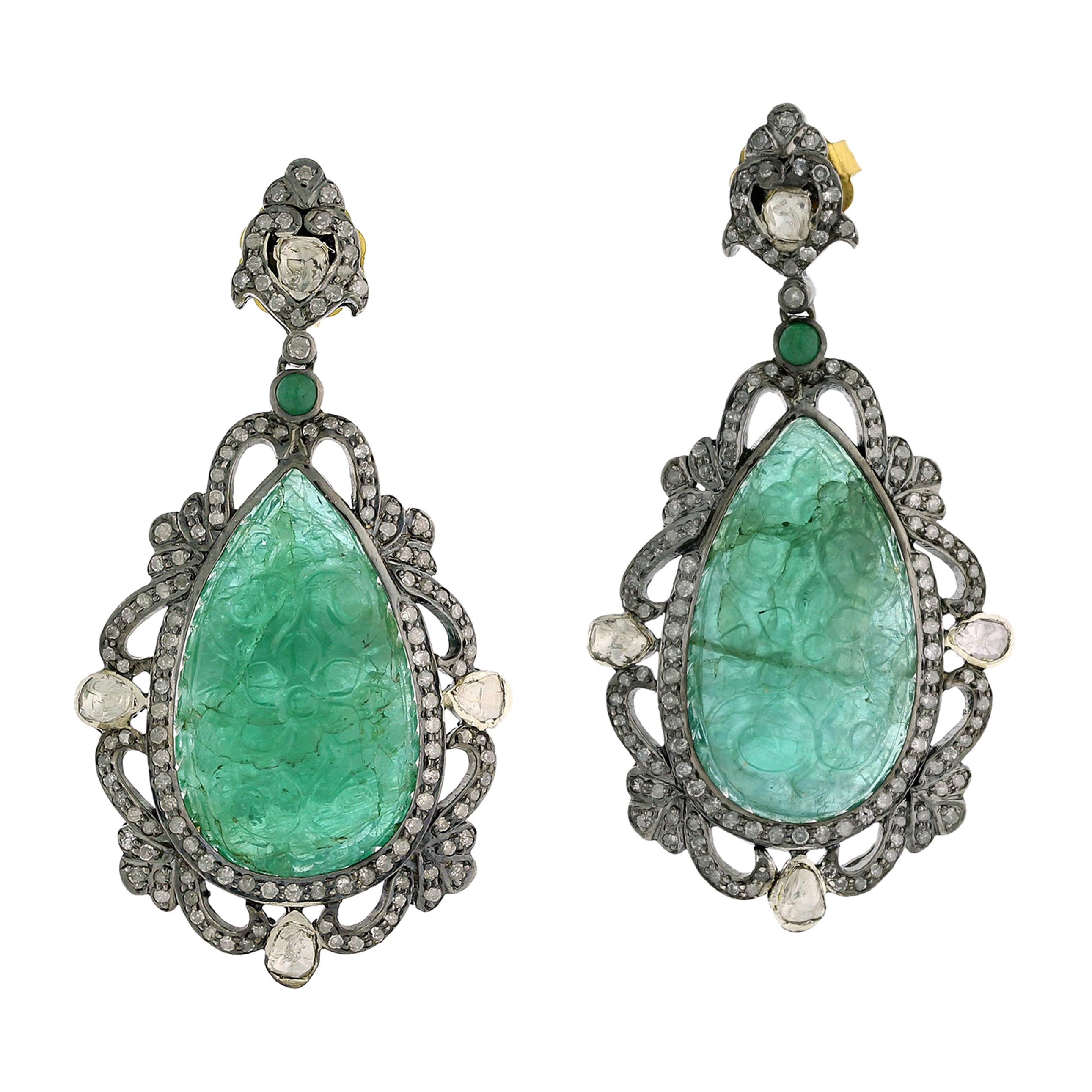 Hand Carved Drop Shape Emerald & Diamonds Dangle Earring in 18K Gold and Silver For Sale